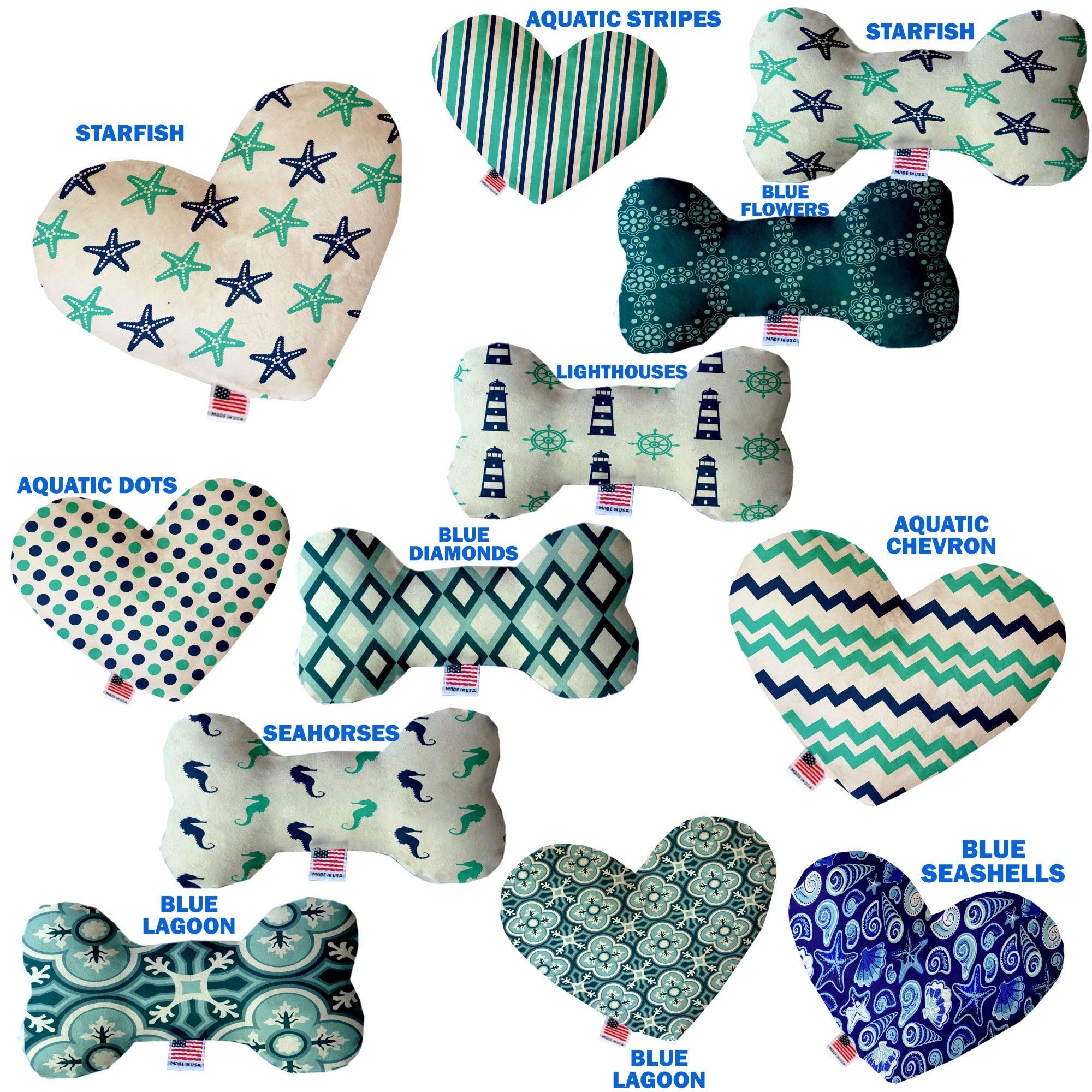 Pet and Dog Plush Heart or Bone Toy, &quot;Nautical Group&quot; (Available in different sizes, and 10 different pattern options!) Blue Lagoon 6&quot; Plush Bone