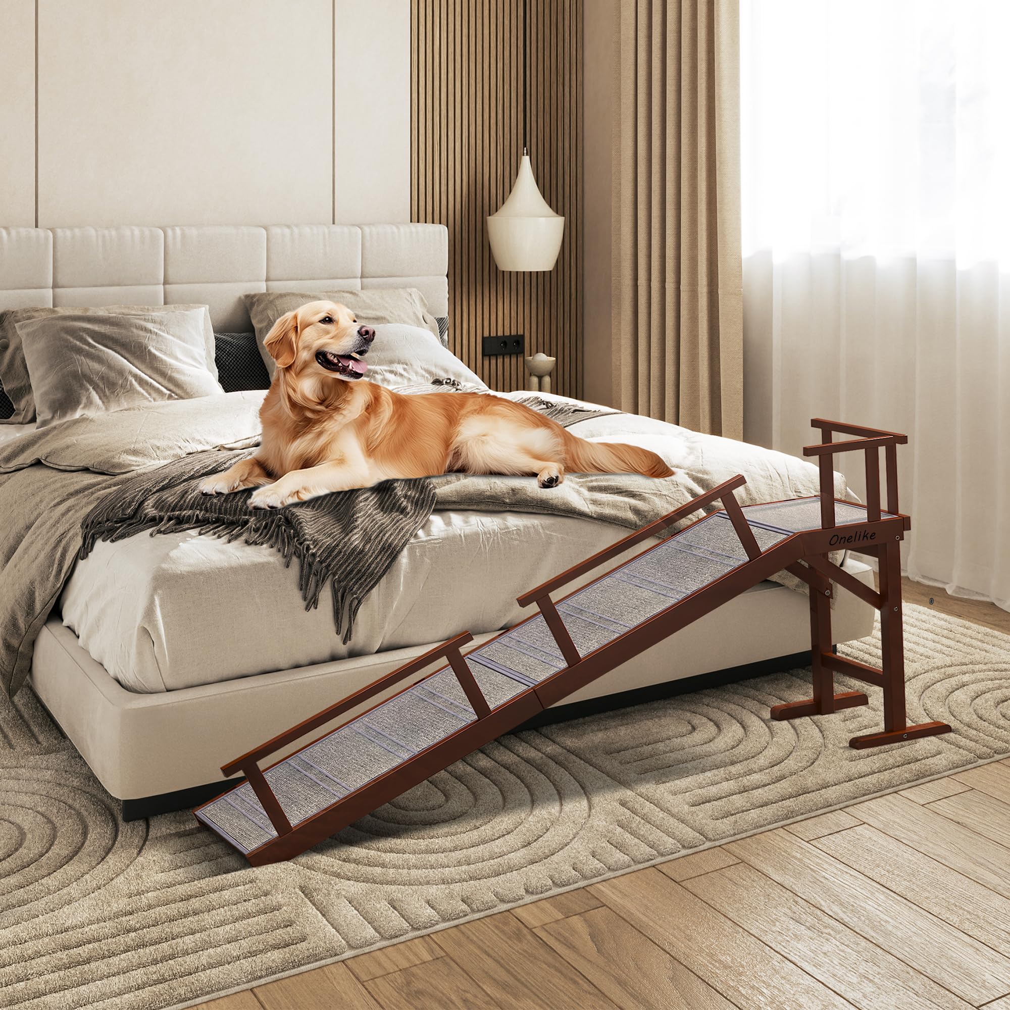 Onelike Wooden Dog Ramp For Bed With Removable Side Rail And Non-Slip Carpet, Stable Pet Ramp Stair For Couch Sofa For Small & L