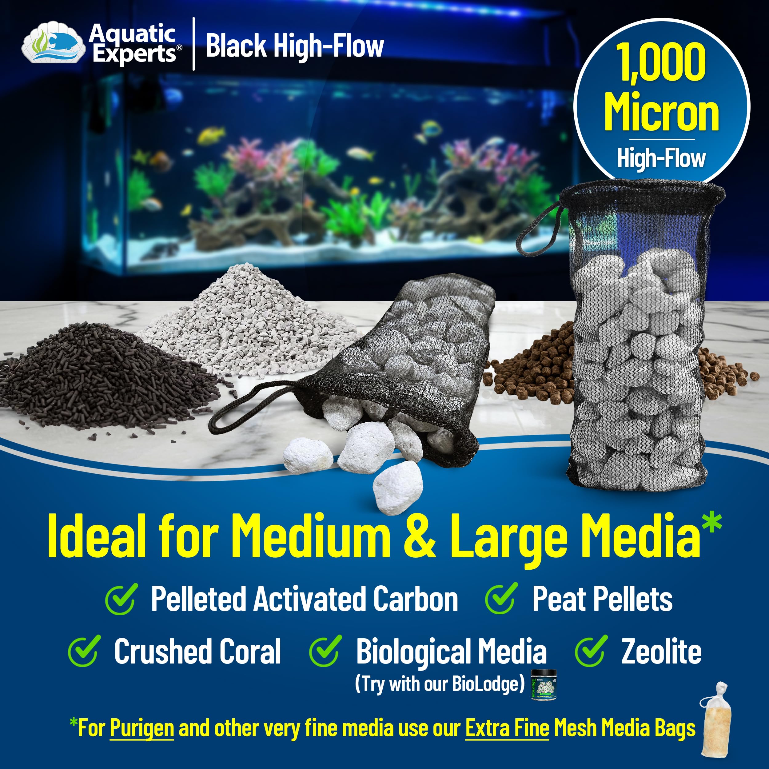Aquatic Experts High Flow Filter Media Bag - Secure Filter Bags For Fish Tank And Pond, 3'' X 4'' - 4 Pack
