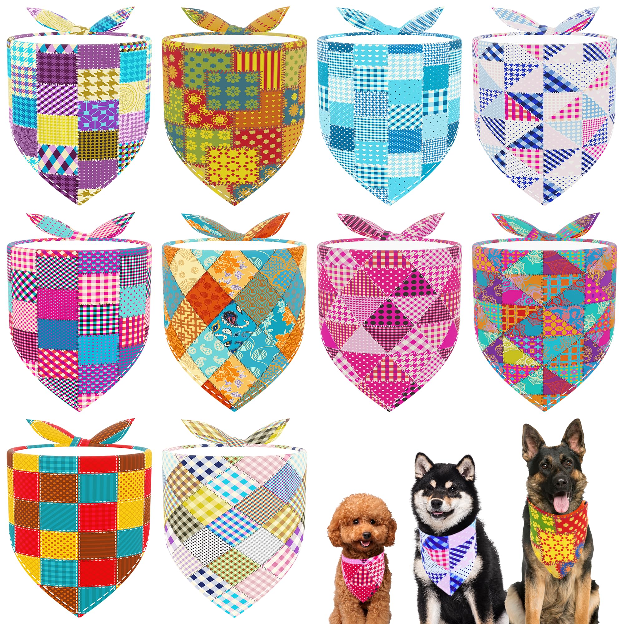 JpGdn 10pcs Dog Bandanas Patchwork for Large Extral Large XL XXL Breed Kerchief Triangle Bibs Scarves Pink Blue Yellow Red Girl 