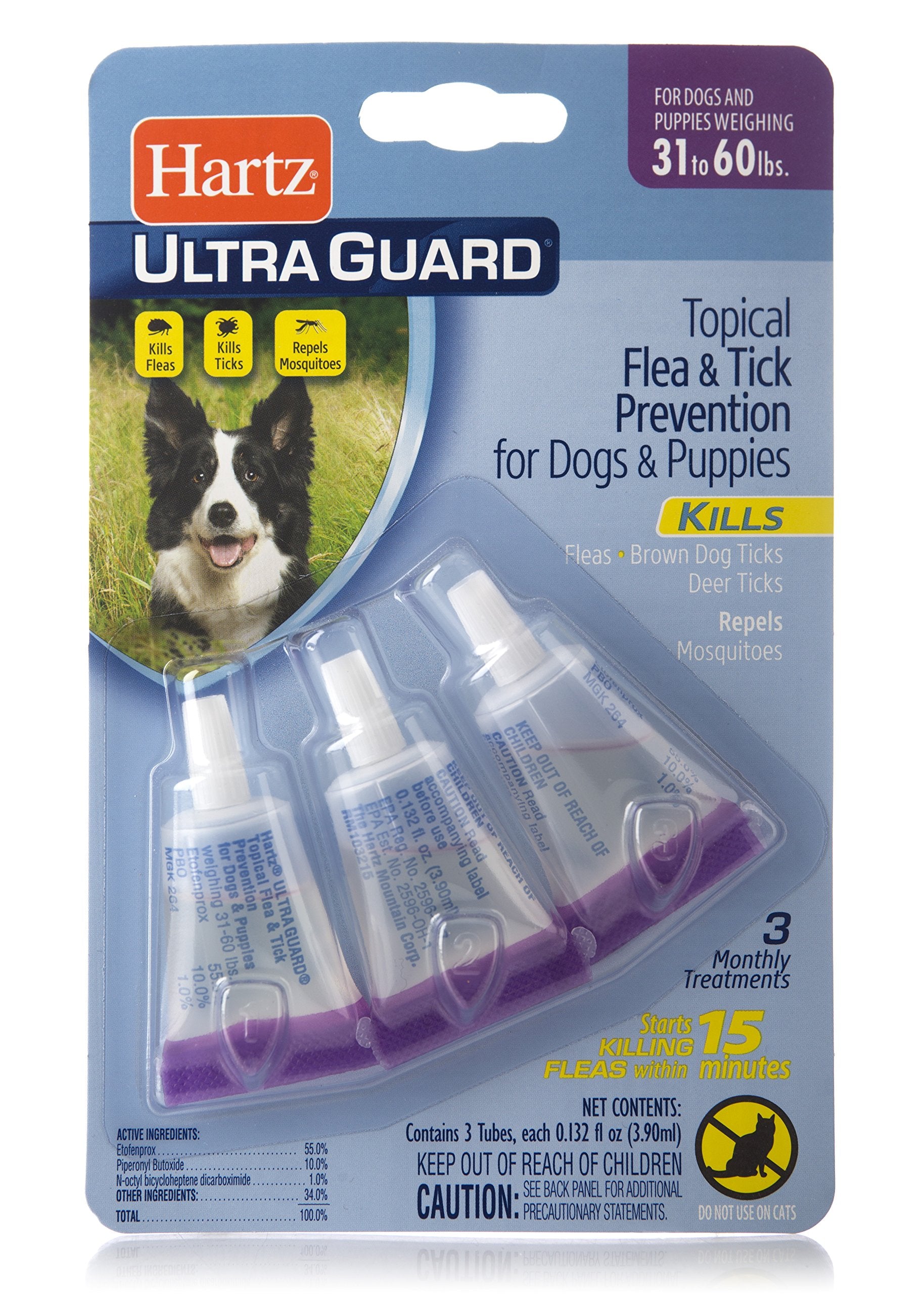 Hartz UltraGuard Flea & Tick Drops for Dogs & Puppies 31-60lbs - 3 Monthly Treatment