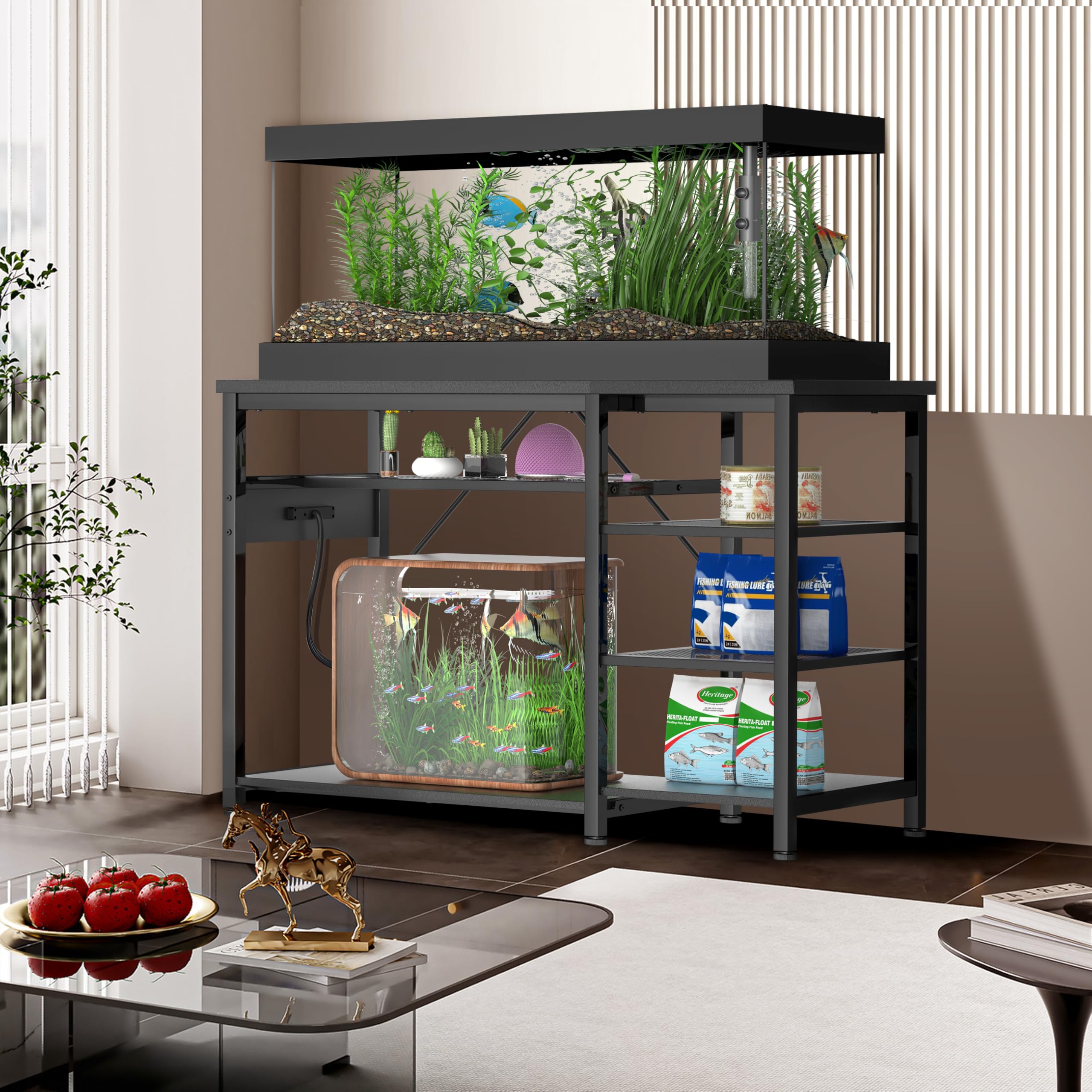 55-75 Gallon Fish Tank Stand: Heavy Duty Aquarium Stand with Power Outlets and Cabinet for Fish Tank Accessories Storage - Metal