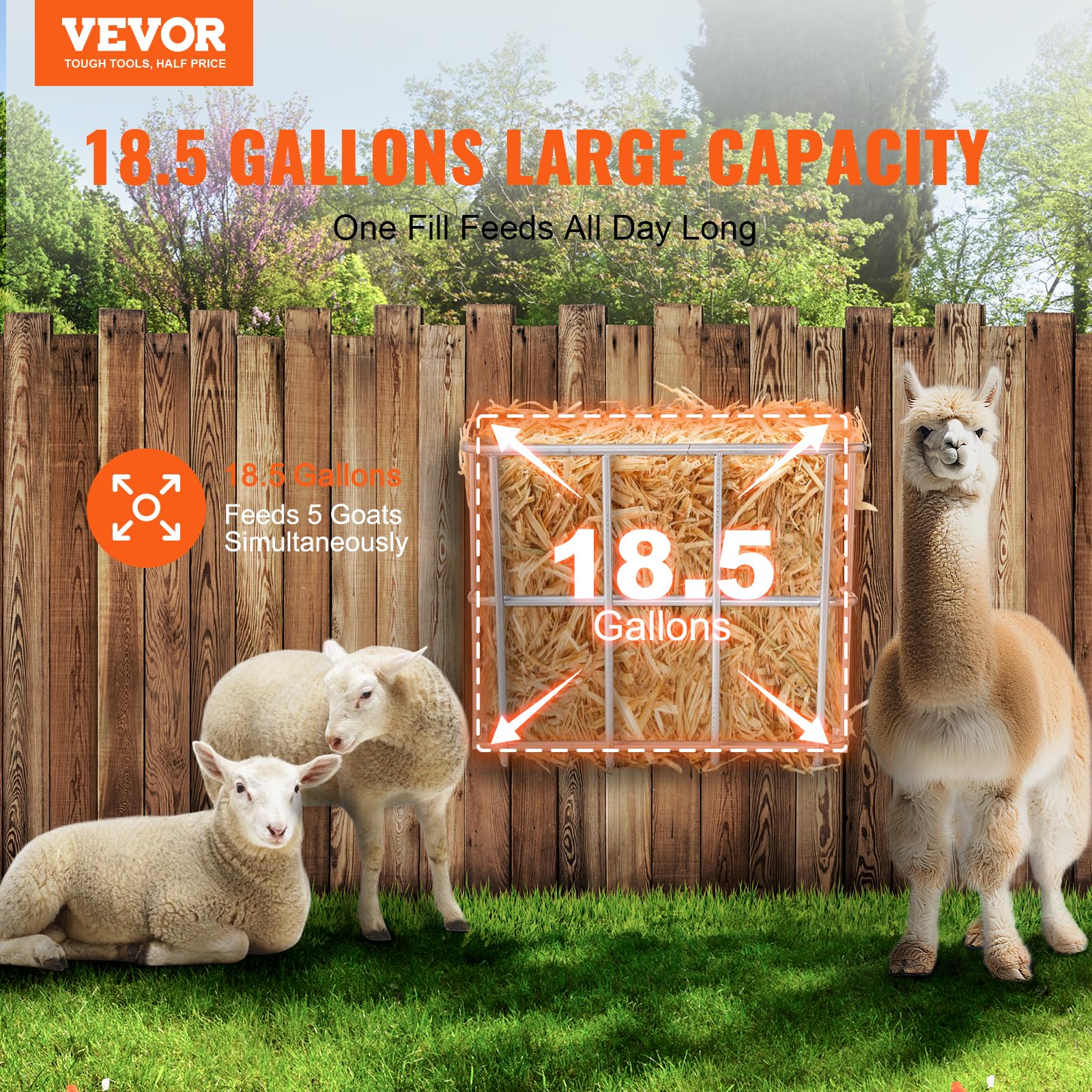 VEVOR Livestock Feeder, 18.5 Gallons Large Capacity, Heavy-Duty Steel Goat Hay Rack, 24.4 Long Wall Mounted Horse Hay Holder, Mu