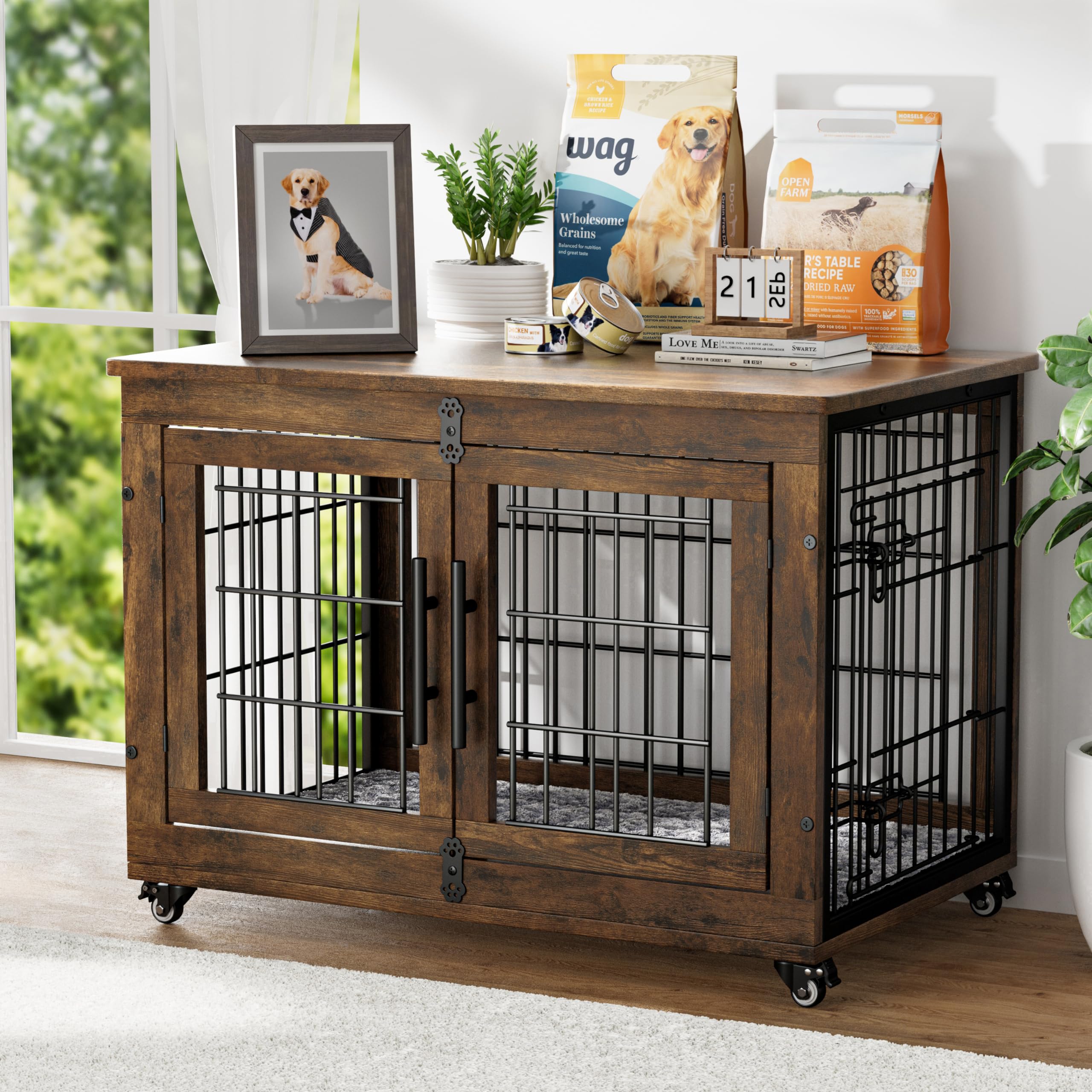 Dog Crate Furniture with Cushion, Wooden Dog Kennel Indoor with Double Doors, Dog Cage with Wheels, Dog House Side End Table for