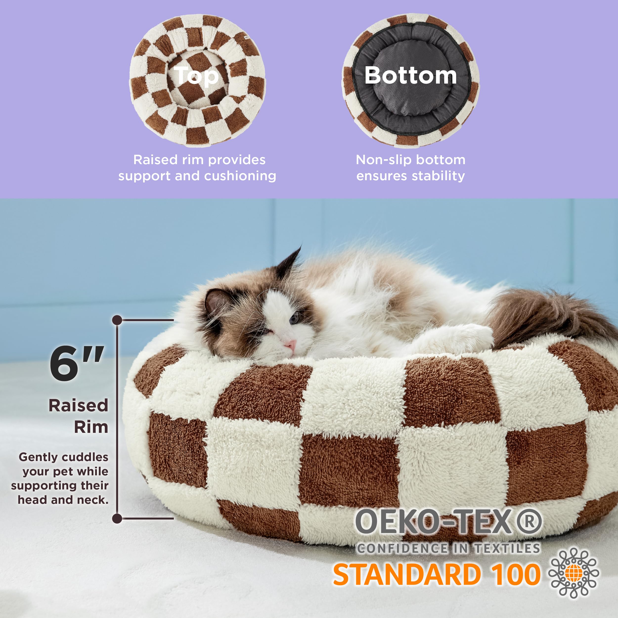 Lesure Donut Small Dog Bed - Round Cat Bed For Indoor Cats With Anti-Anxiety Calming Teddy Sherpa Plush & Anti Slip Bottom Brown