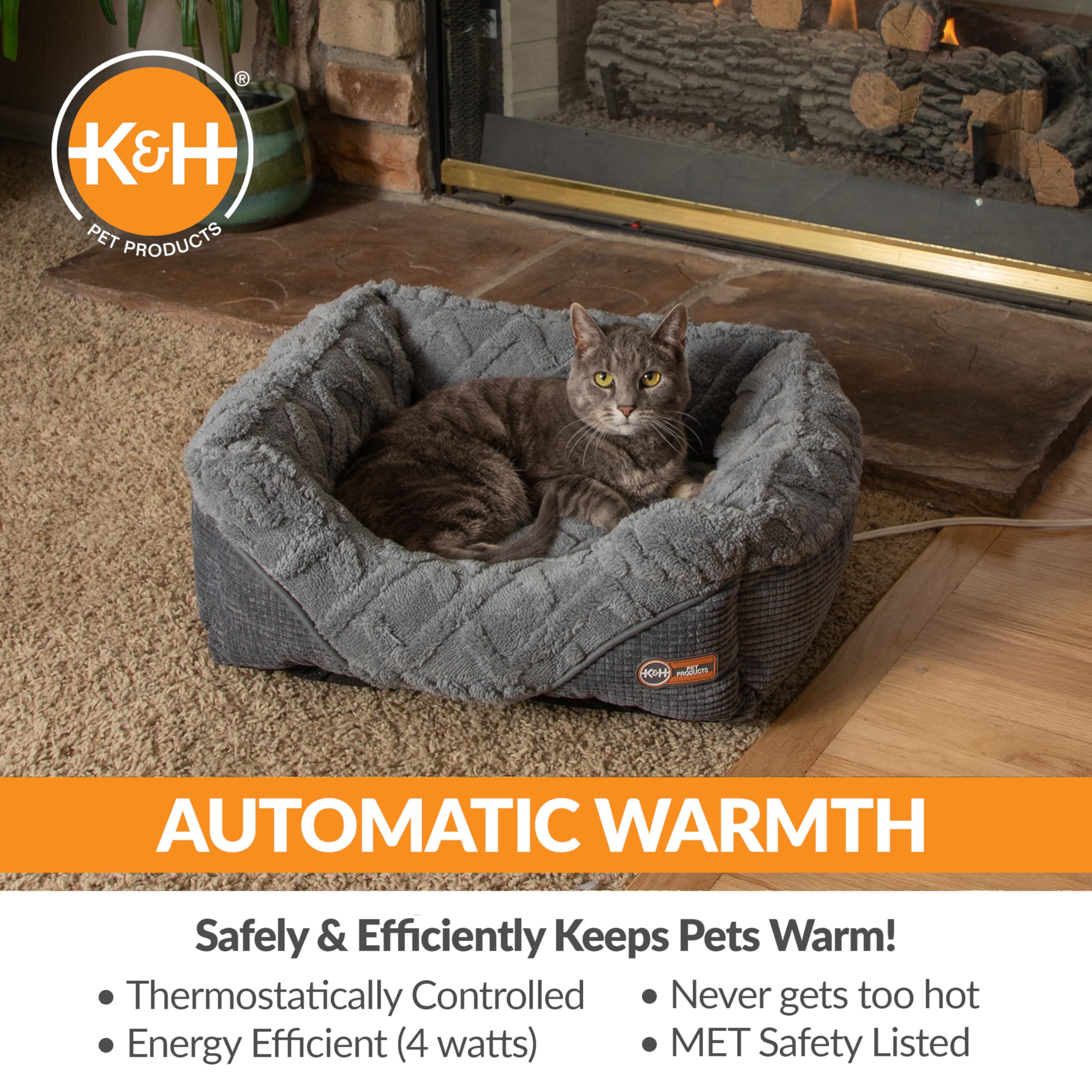 K&H Pet Products Thermo-Pet Lounge Sleeper Indoor Heated Pet Bed for Cats & Dogs, Bolstered Warm Calming Pillow Bed, Waterproof