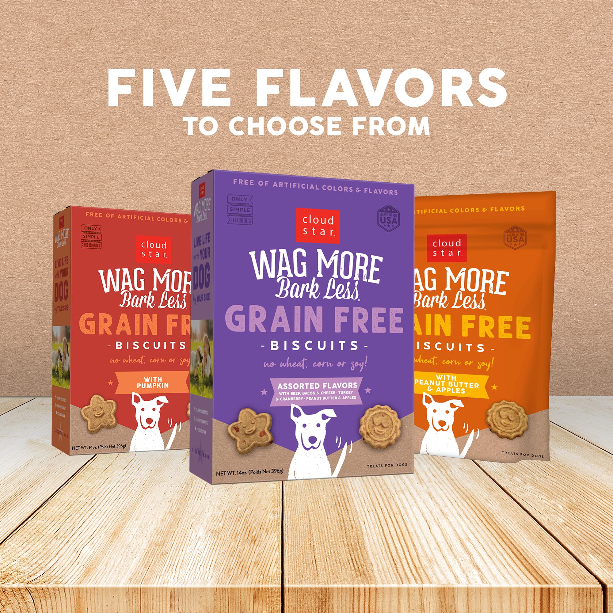 Cloud Star Wag More Bark Less - Dog Treats - Crunchy Biscuits - Grain Free Assorted Flavors - 14 oz Box