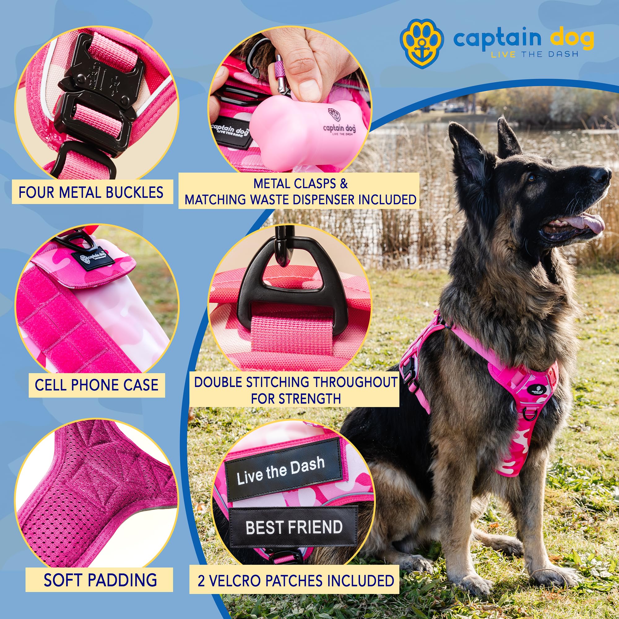 Pink No Pull Harness Vest For Medium Sized Dog With 4 Metal Buckles & Double Stitching Captain Dog - Reflective Pink Camo, Heavy