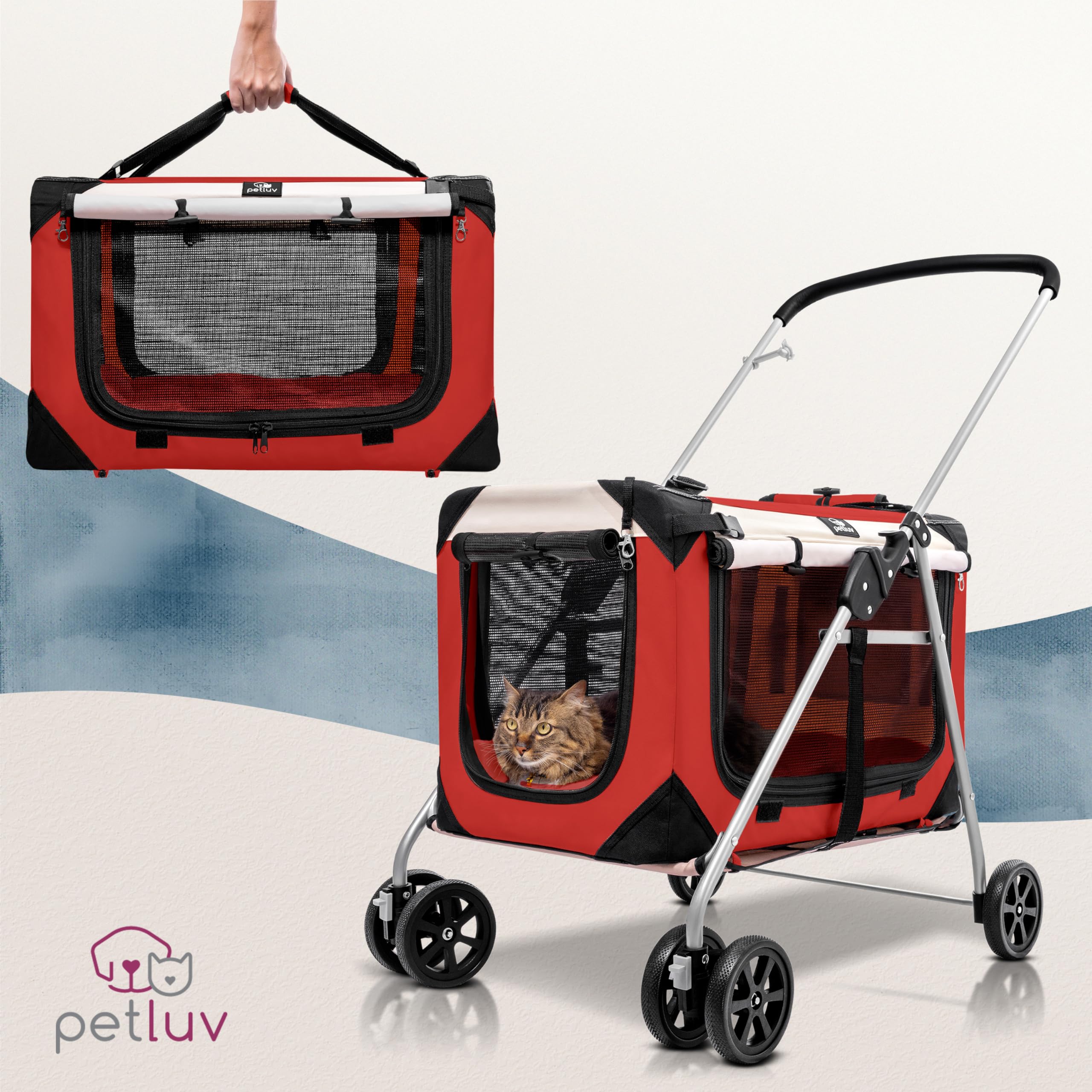 Petluv Pet Stroller, Fits 2 Cats, Small To Medium Dogs (10-45 Lbs), Red