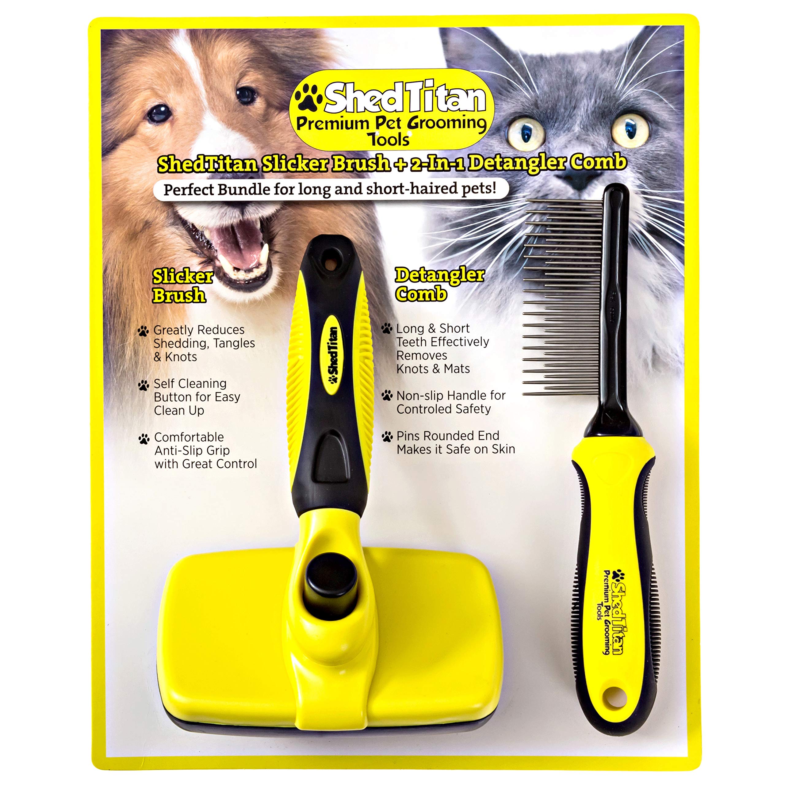 Shedtitan Slicker Dog Brush For Goldendoodles, Poodles & Dematting Pet Comb Value Kit - Easy Self Cleaning Slicker Brush For Grooming Dogs, Golden Doodle, Poodle, Cats - Detangle Comb Removes Matts