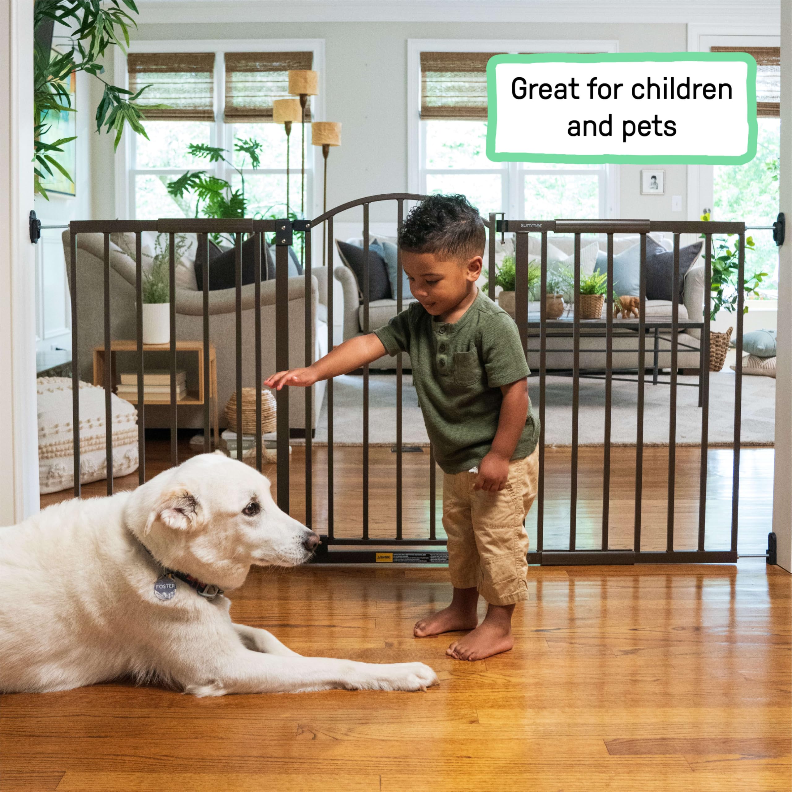 Summer Infant Metal Expansion Extra Wide Safety Pet And Baby Gate, 44'-71' Wide, 36” Tall, Hardware Mounted For Dog And Child Safety, Fits Large Opening Or Doorway, Auto Close Walk Thru Door - Bronze