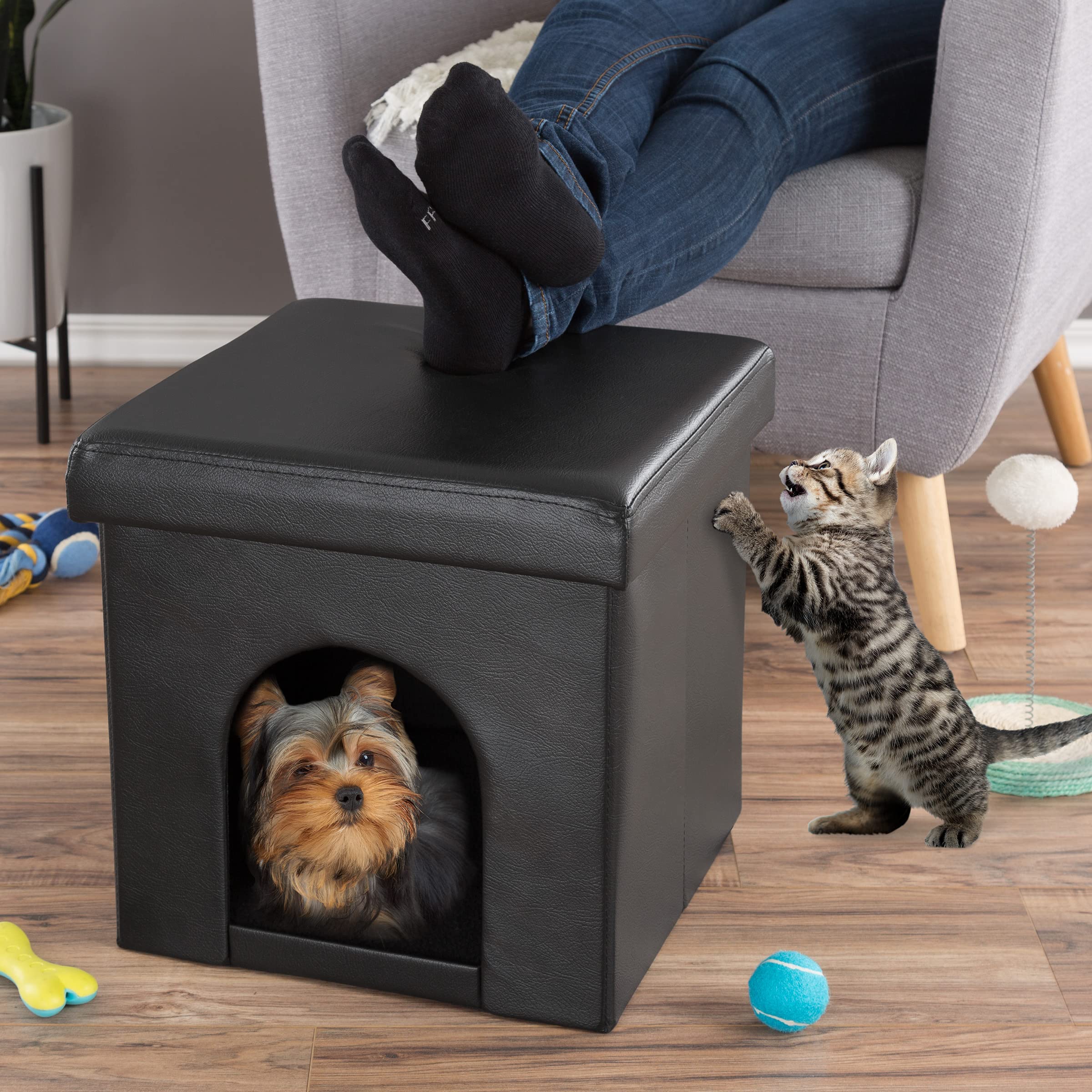 Cat House – Collapsible Multipurpose Small Dog Or Cat Ottoman With Footrest, Cushioned Top, And Interior Pillow By Petmaker (Black)