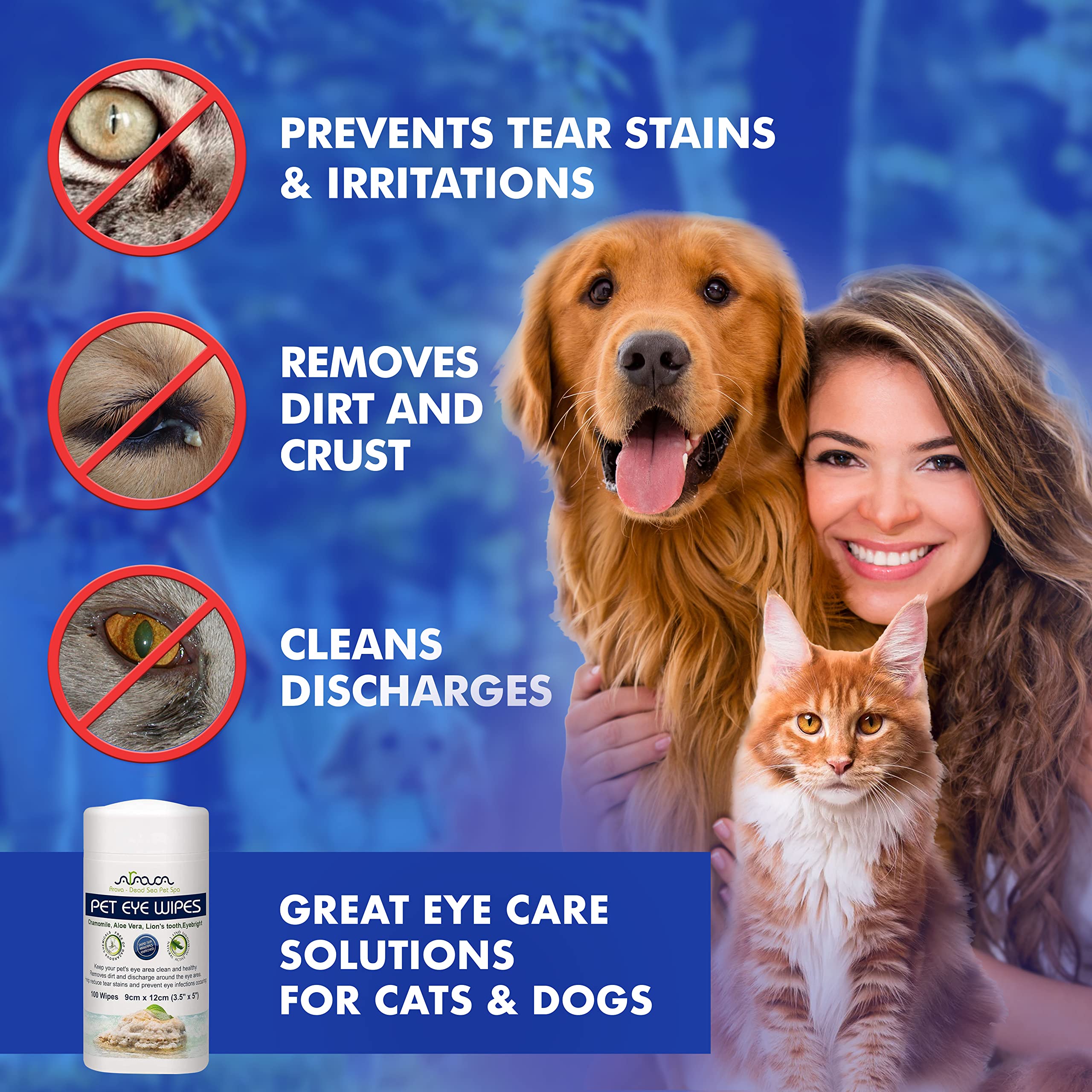 Arava Pet Eye Wipes for Dogs Cats Puppies & Kittens - 100 Count - Natural and Aromatherapy Medicated Cat Dog Eye Wipes for Disch