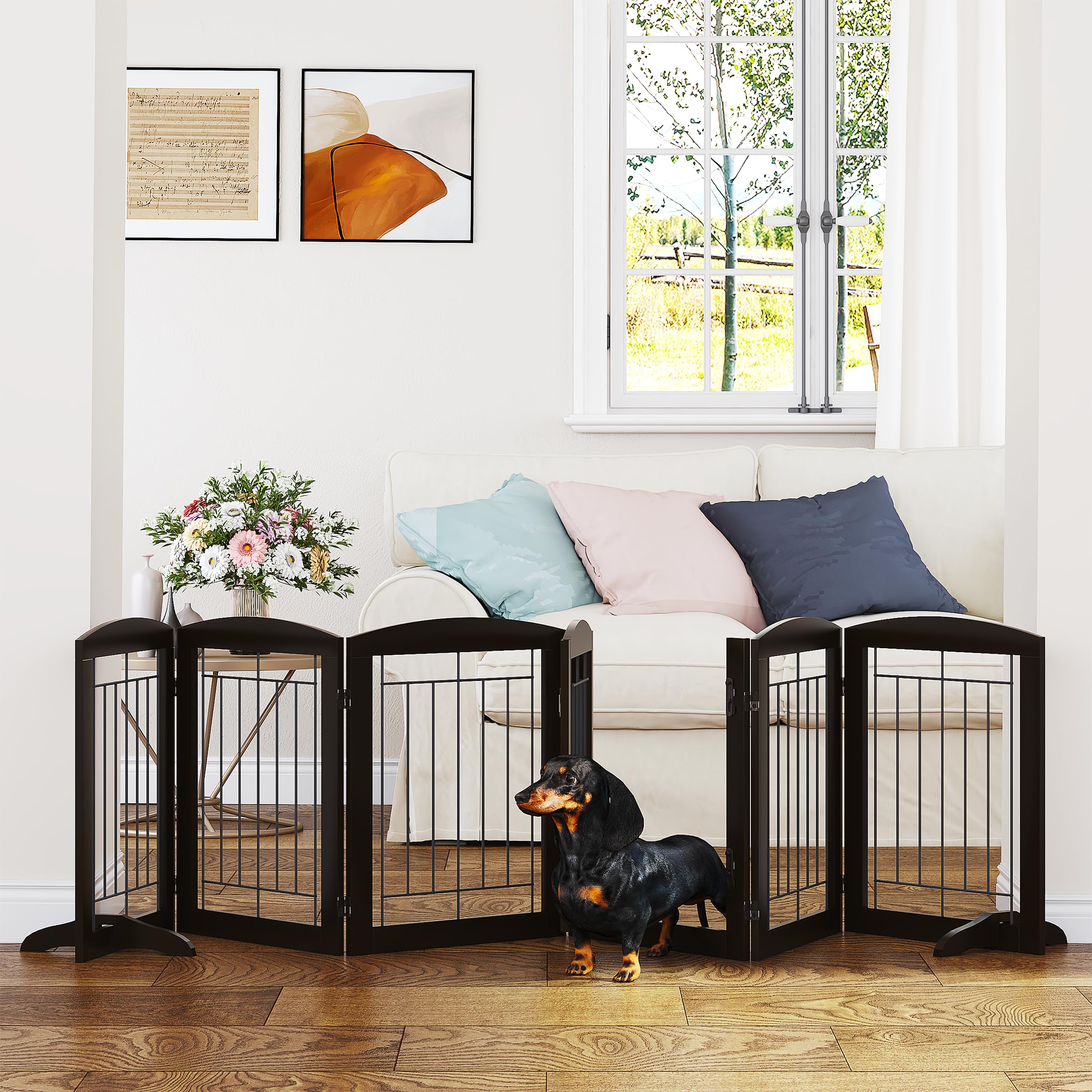 PAWLAND Dog Gate Indoor with Walk Through Door, Foldable Free Standing Pet Gate for Doorways, Stairs, The Houes, Pet Puppy Safet