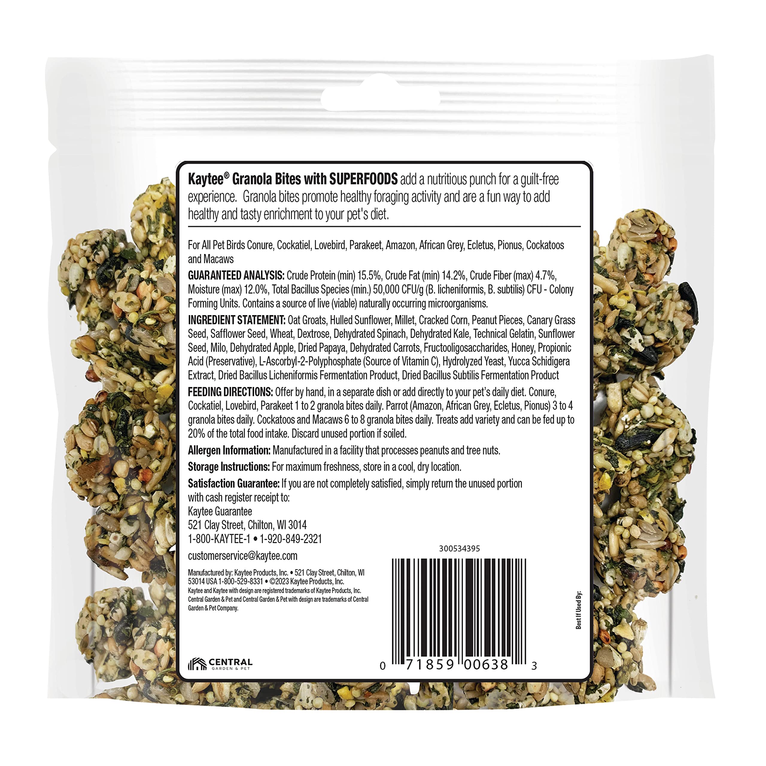 Kaytee Granola Bites with Super Foods Spinach and Kale for Pet Birds, Conure, Cockatiel, Lovebird, Parakeet, Amazon, African Gre