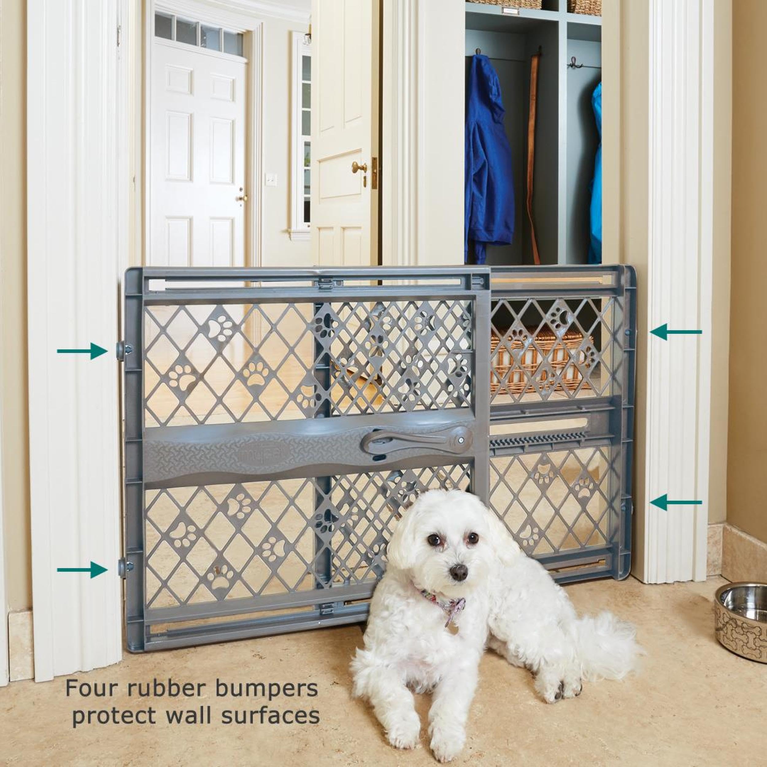 Mypet North States Paws Portable Pet Gate: 26-40' Wide. Pressure Mount. No Tools Needed. Made In Usa. Dog Gate 23' Tall, Expandable, Durable Dog Gates For Doorways, Fieldstone Gray