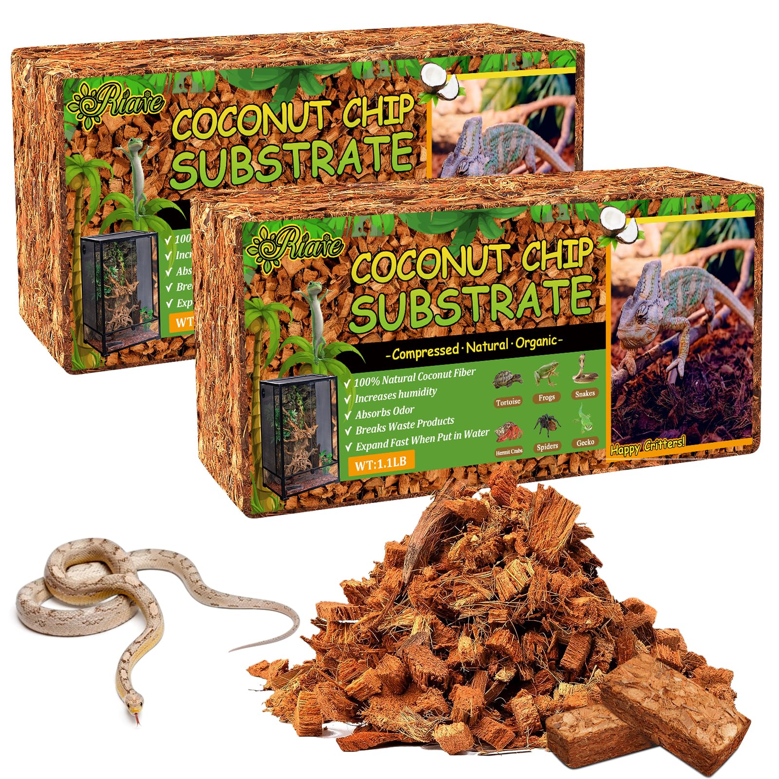Riare 2 Pack Natural Coconut Chip Substrate for Reptiles- Compressed Coconut Husk Reptiles Bedding, Coco Husk Chip Terrarium Sub