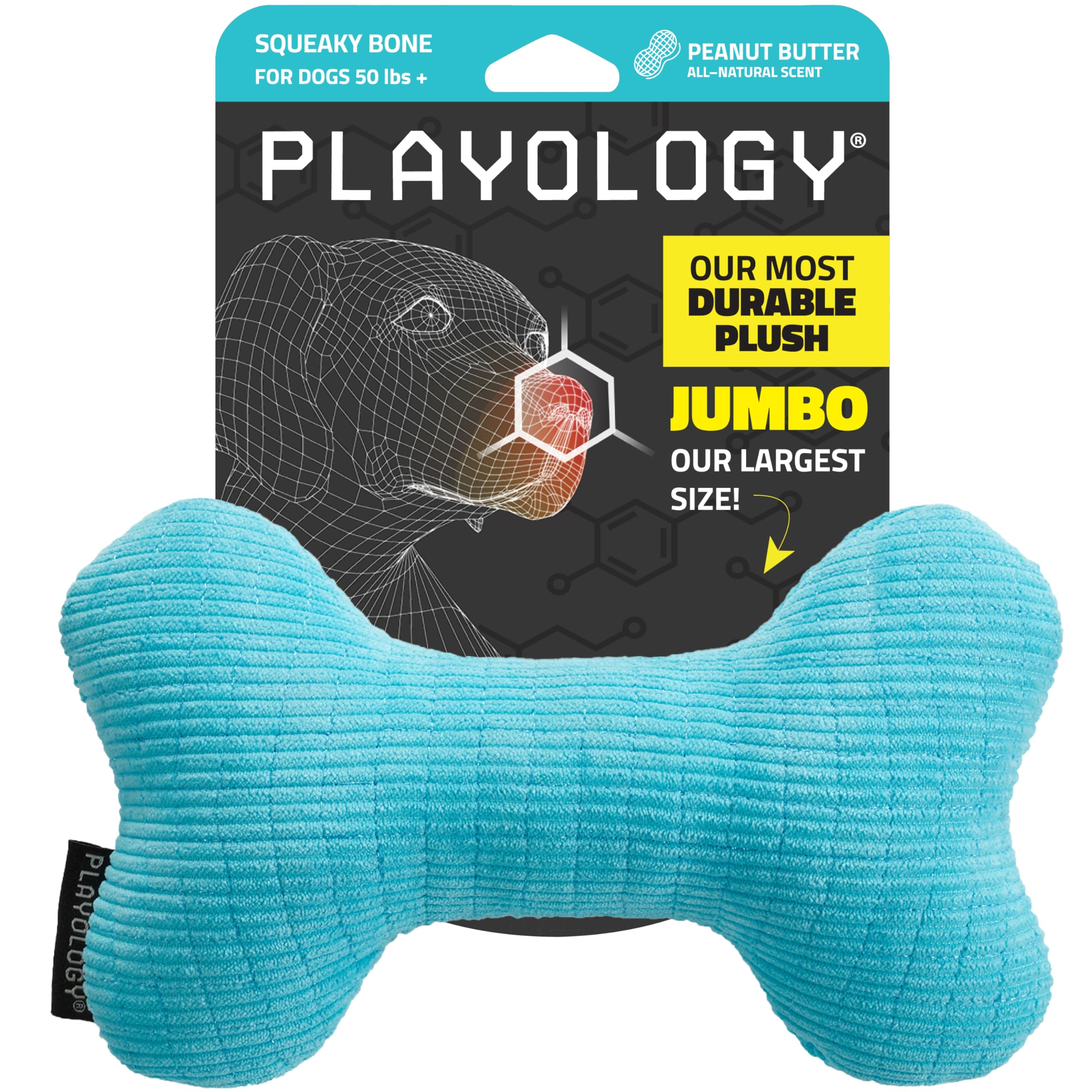 Playology Dog Toys | Plush Squeaky Bone Chew Toy for Dogs | Jumbo Peanut Butter Scented Toy - Easy to Clean and Made from Non To