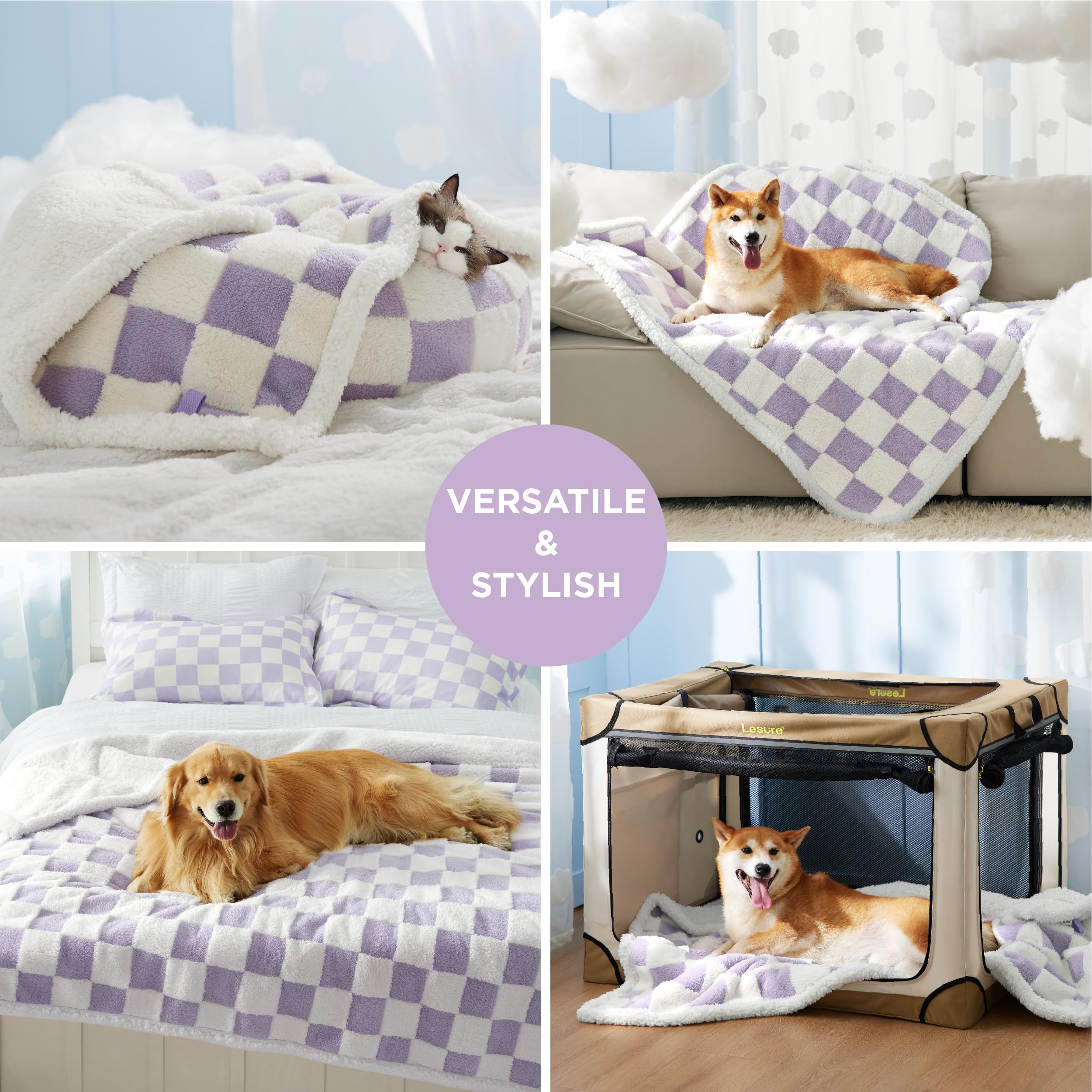 Lesure Waterproof Dog Blanket For Medium Dogs - Washable Double Sided Dog Blankets With Warm Jacquard Shag And Soft Sherpa Fleece, Pet Cat Blanket For Couch Protection, 3D Textured Checks, Purple