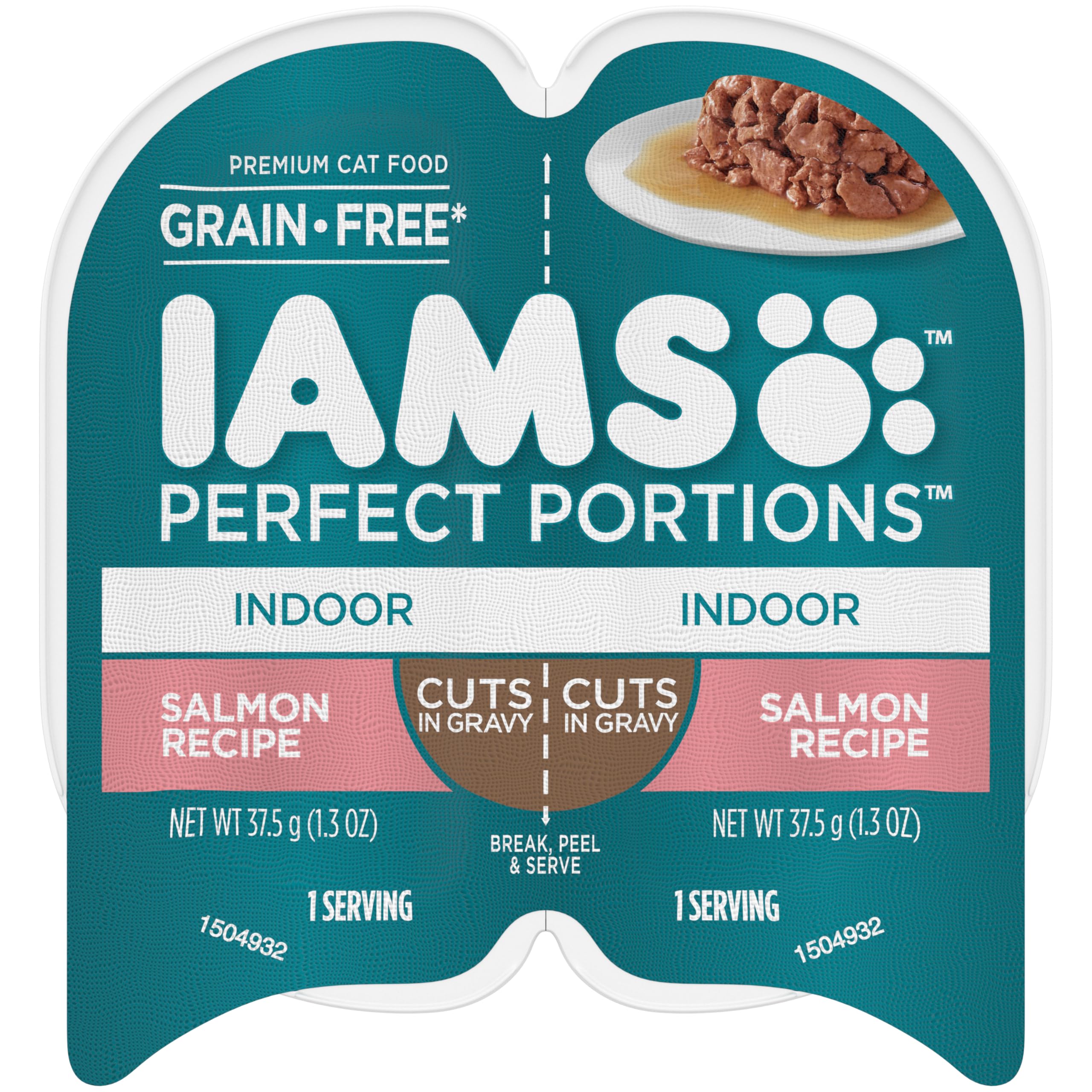 IAMS PERFECT PORTIONS Indoor Adult Grain Free* Wet Cat Food Cuts in Gravy, Salmon Recipe, (24) 2.6 oz. Easy Peel Twin-Pack Trays