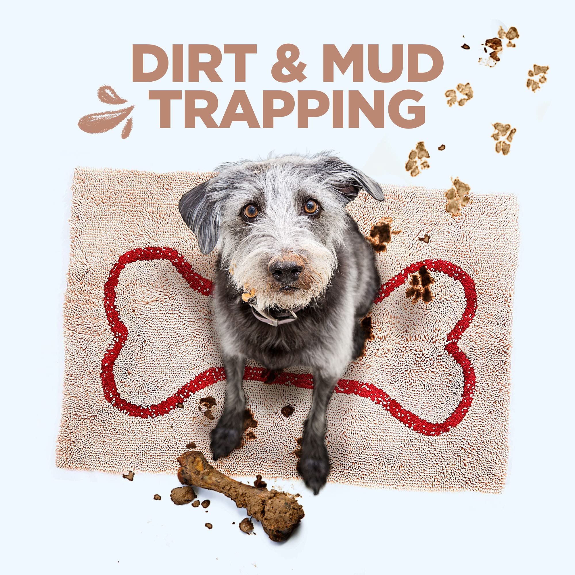 Soggy Doggy Doormat with Bone Design | Beige/Red Bone | Large 26    x 36    | Ultra Absorbent Microfiber Chenille Wet Dog Mat fo