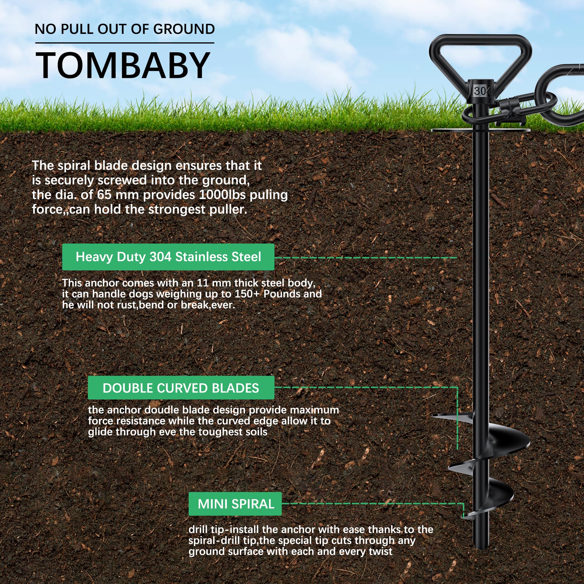 Tombaby Dog Tie Out Stake-Heavy Duty 304 Stainless Steel Dog Runner, Ground Anchor With 360 Swivel & Anti-Tangle,Use Any For To