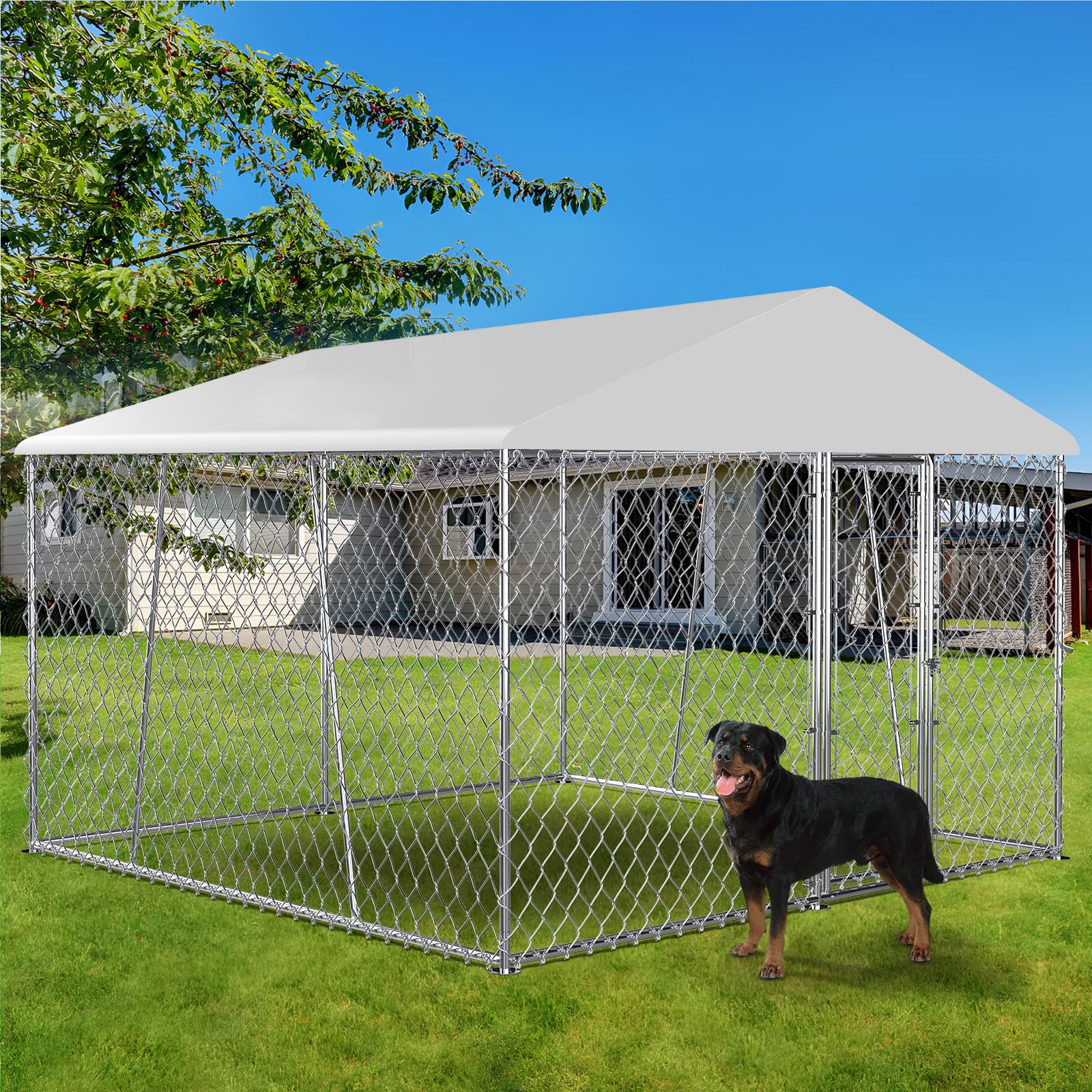 Lyromix Upgraded 10  10  7Ft Outdoor Dog Kennel With Roof, Large Dog House Pen Enclosure With Sidebar, Heavy Duty Chain Link Ken
