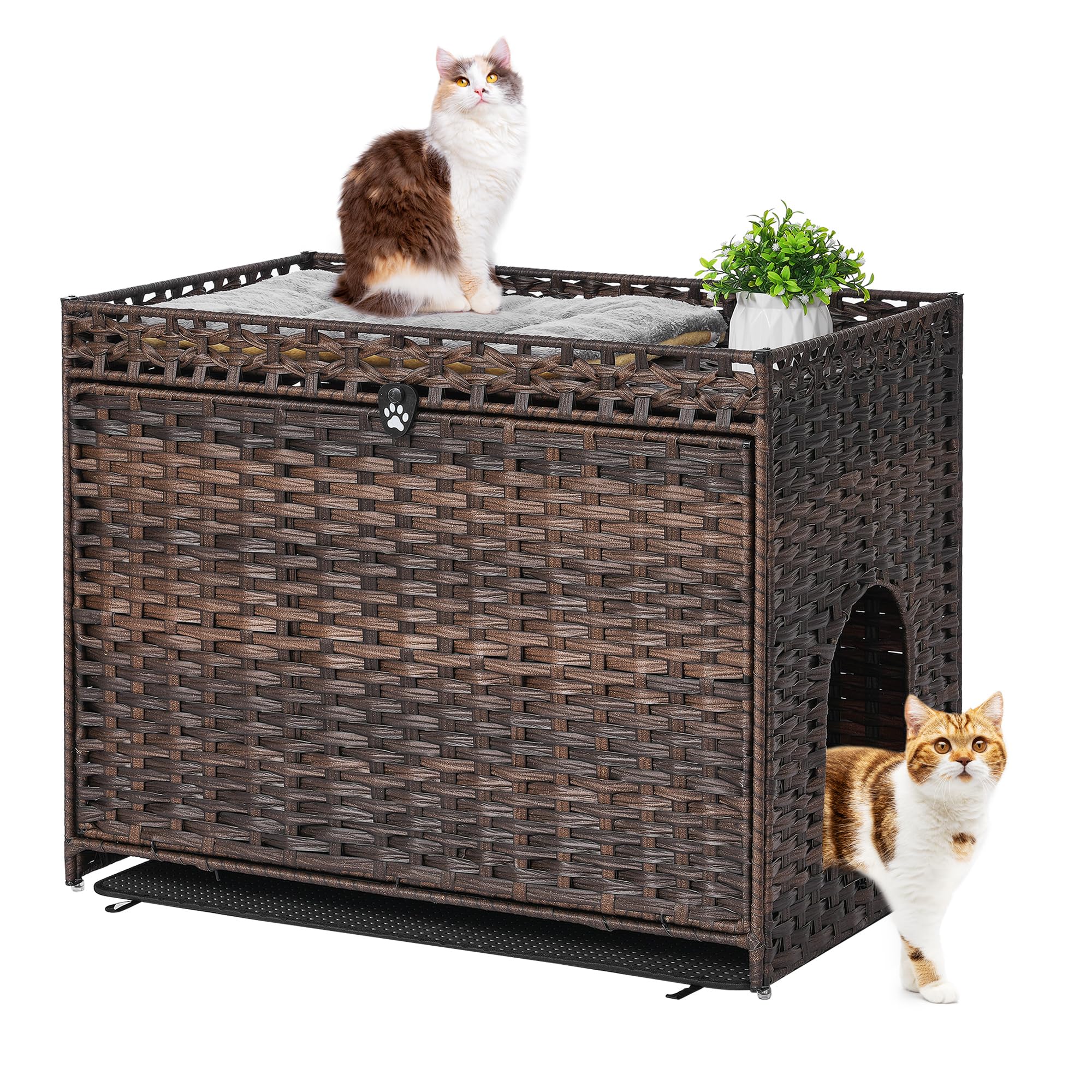 Cat Litter Box Enclosure With Soft Litter Mat; Hidden Cat Washroom Furniture With Door; Handwoven Rattan Cat House With Large Sp