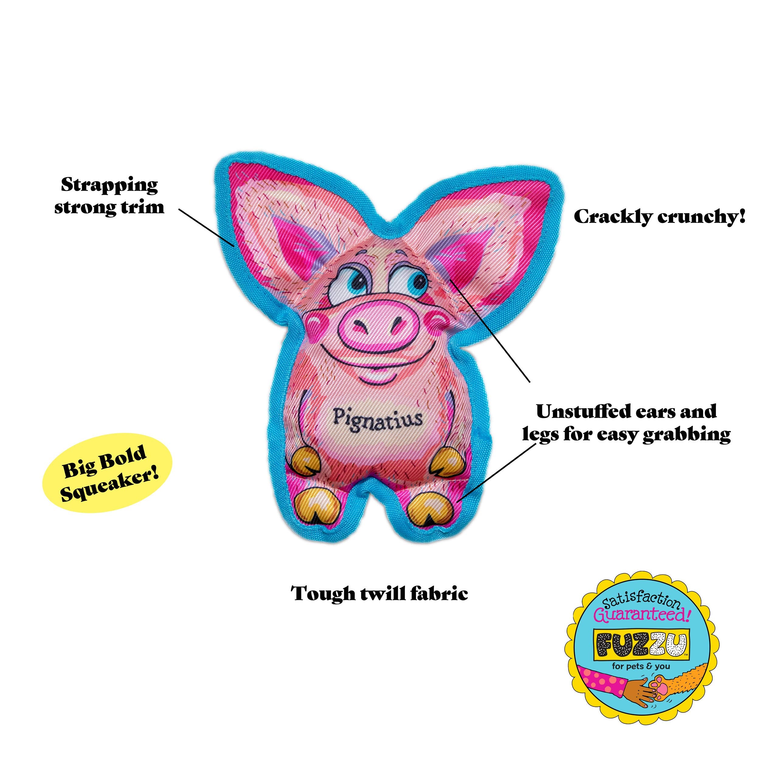 Fuzzu Durable Dog Toy With Squeaker - Floppy Tough Chew Toy, All Ears - Pignatius, Small Inch