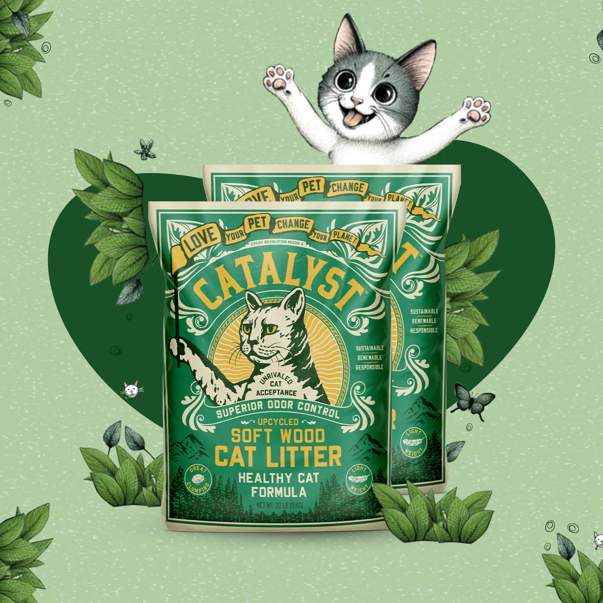 Catalyst Natural Soft Wood Cat Litter (2 Pack, 20Lb Bags) - Superior Odor Control, Strong Clumping, Low Dust, And Biodegradable 