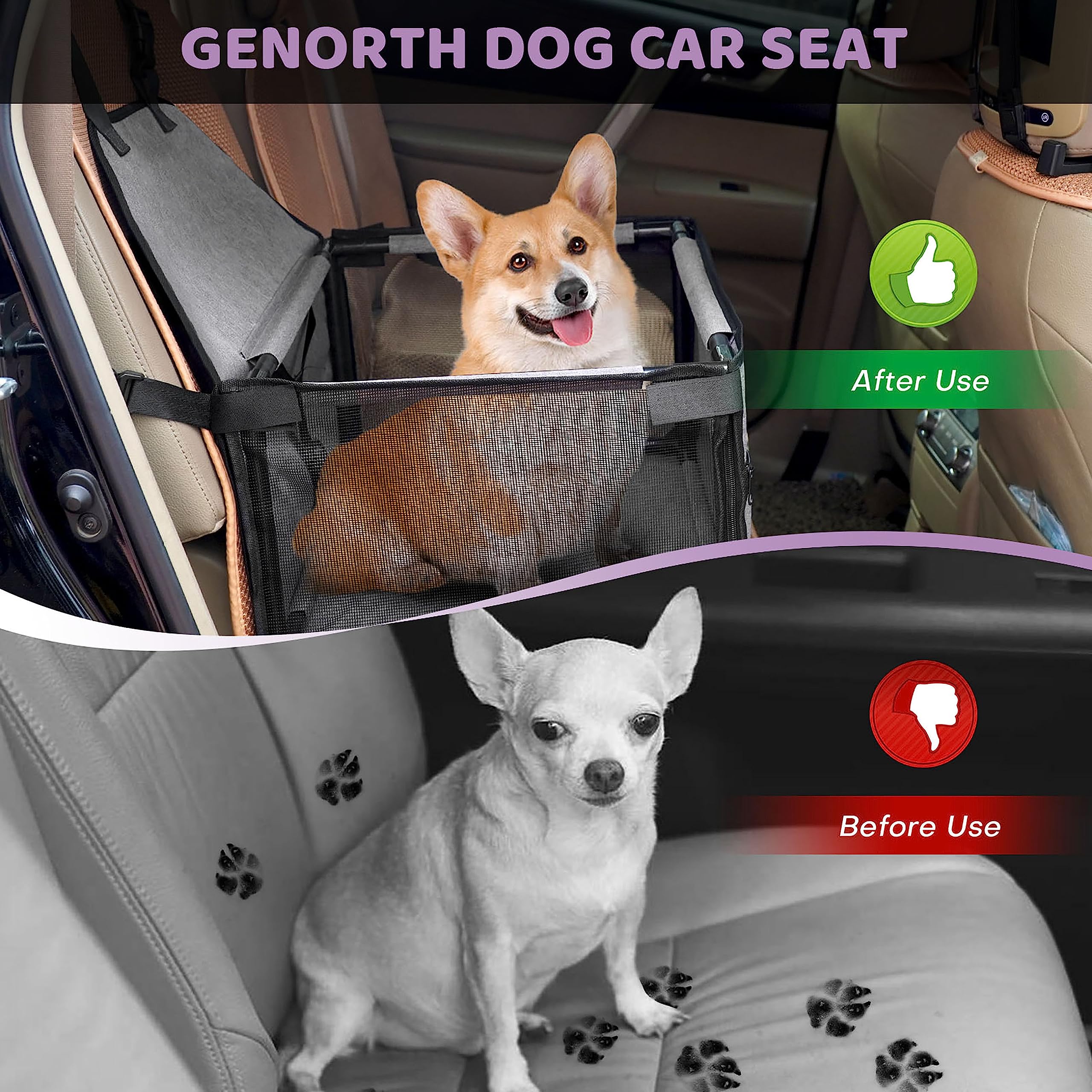 Genorth Dog Car Seats For Small And Medium Dogs,Portable Puppy/Pet Car Booster Seat With Clip-On Leash And Mesh Window For Pet Up To 20 Lbs