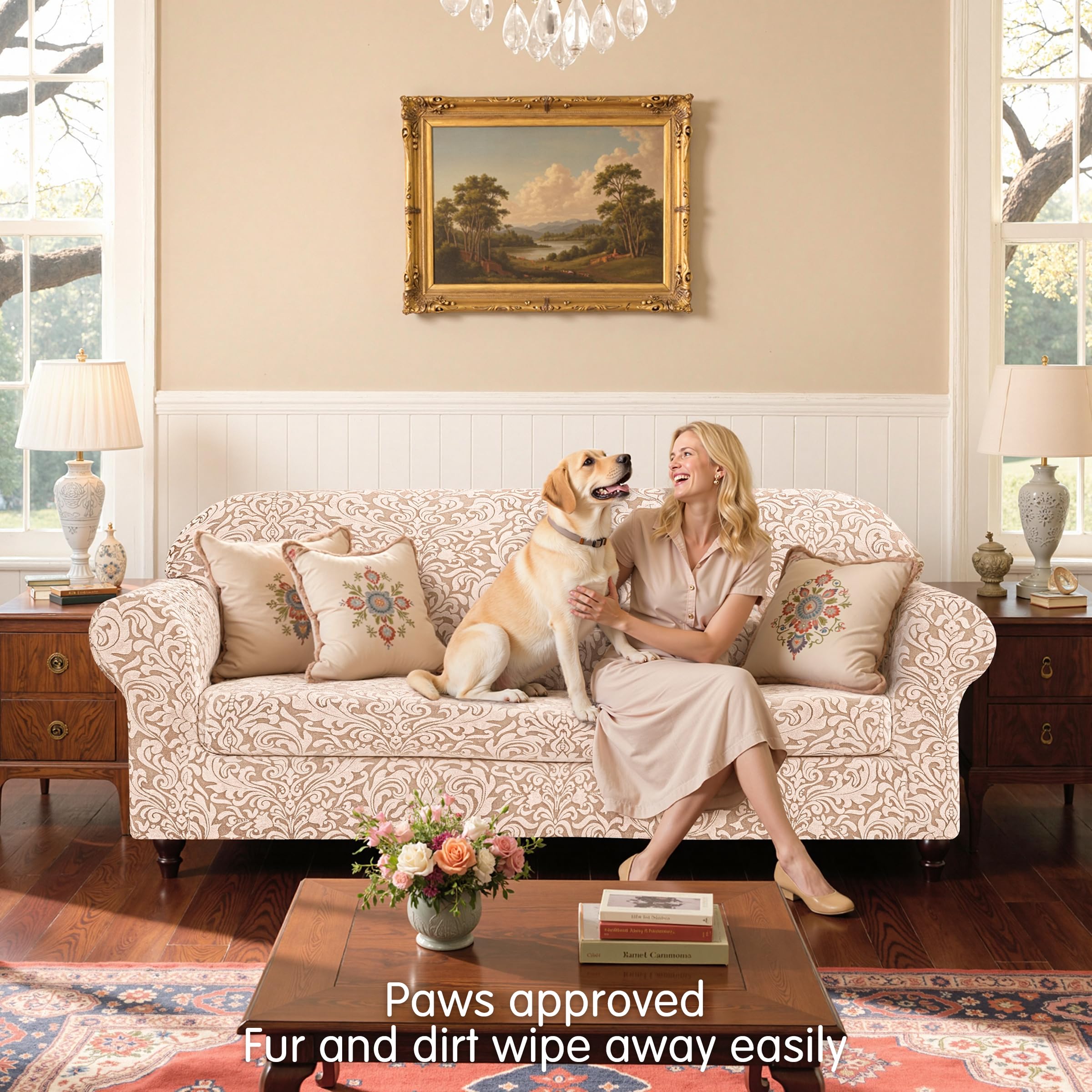 SUBRTEX 2 Piece Couch Covers, Jacquard Damask 3 Seater Sofa Cover with Seat Cushion, Stretch Sofa Slipcovers Non Slip Furniture