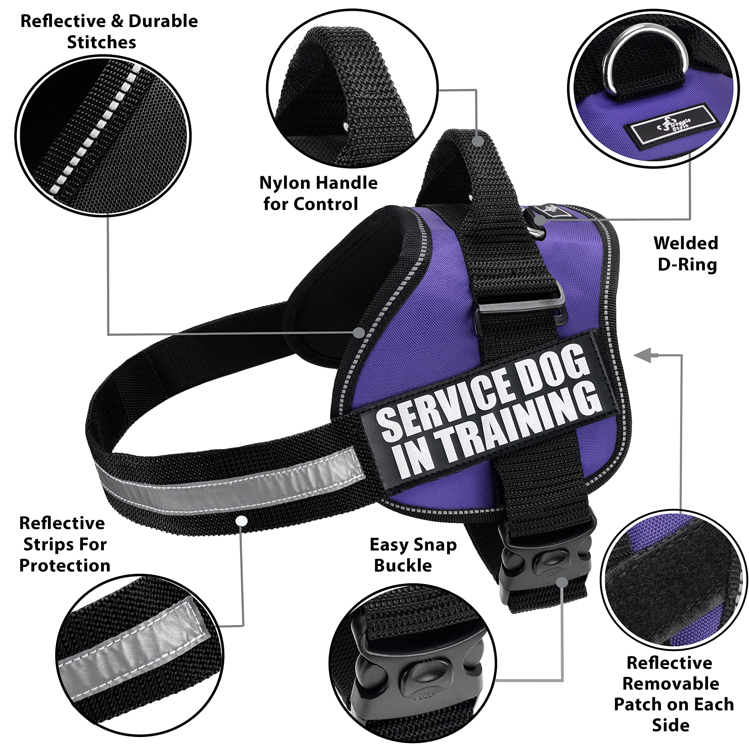 Doggie Stylz Service Dog In Training Vest With Hook And Loop Straps And Handle – Harness Comes In Sizes Xxs To Xxl – Three Colors – Dog Harness Features 2 Reflective Patches (Girth 19”-25' Purple)