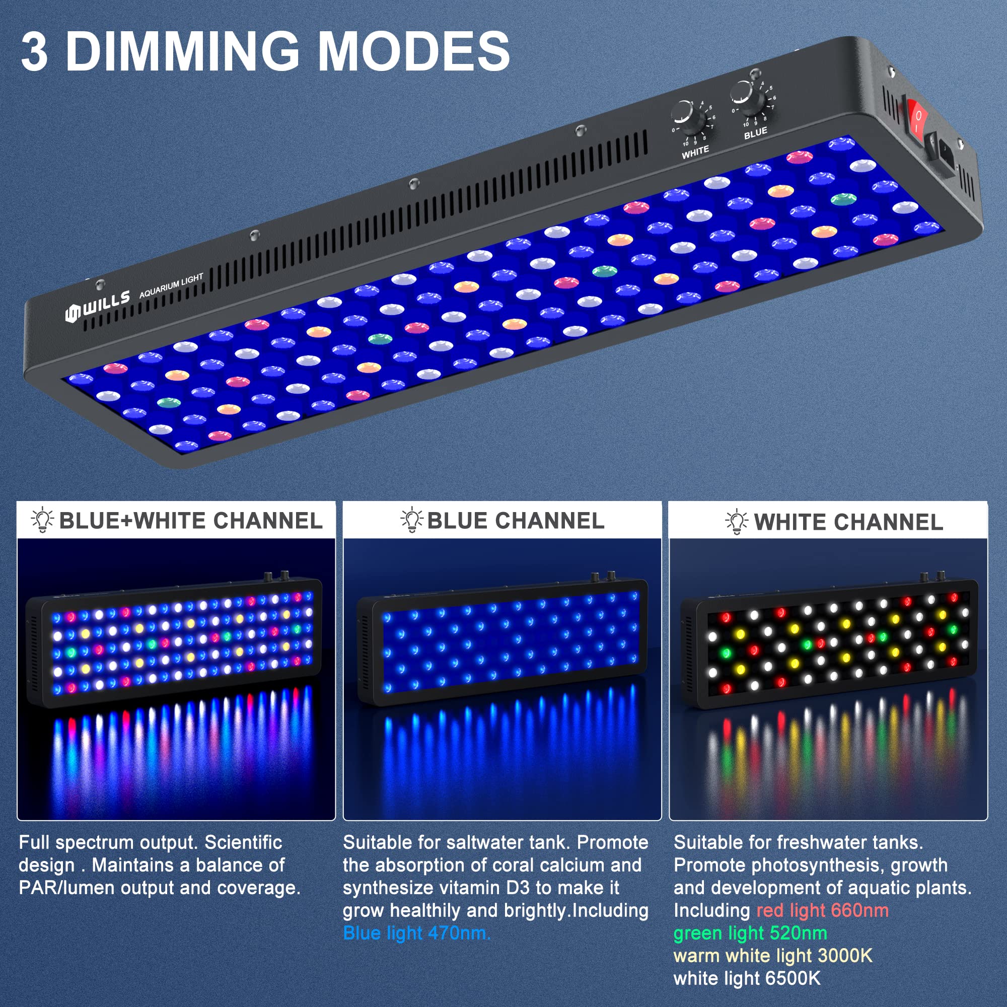 WILLS Full Spectrum Aquarium Light, Reef Lights for Coral with Dual Dimmable Channels, 105 Premium SMD Chips, Daisy Chain Design