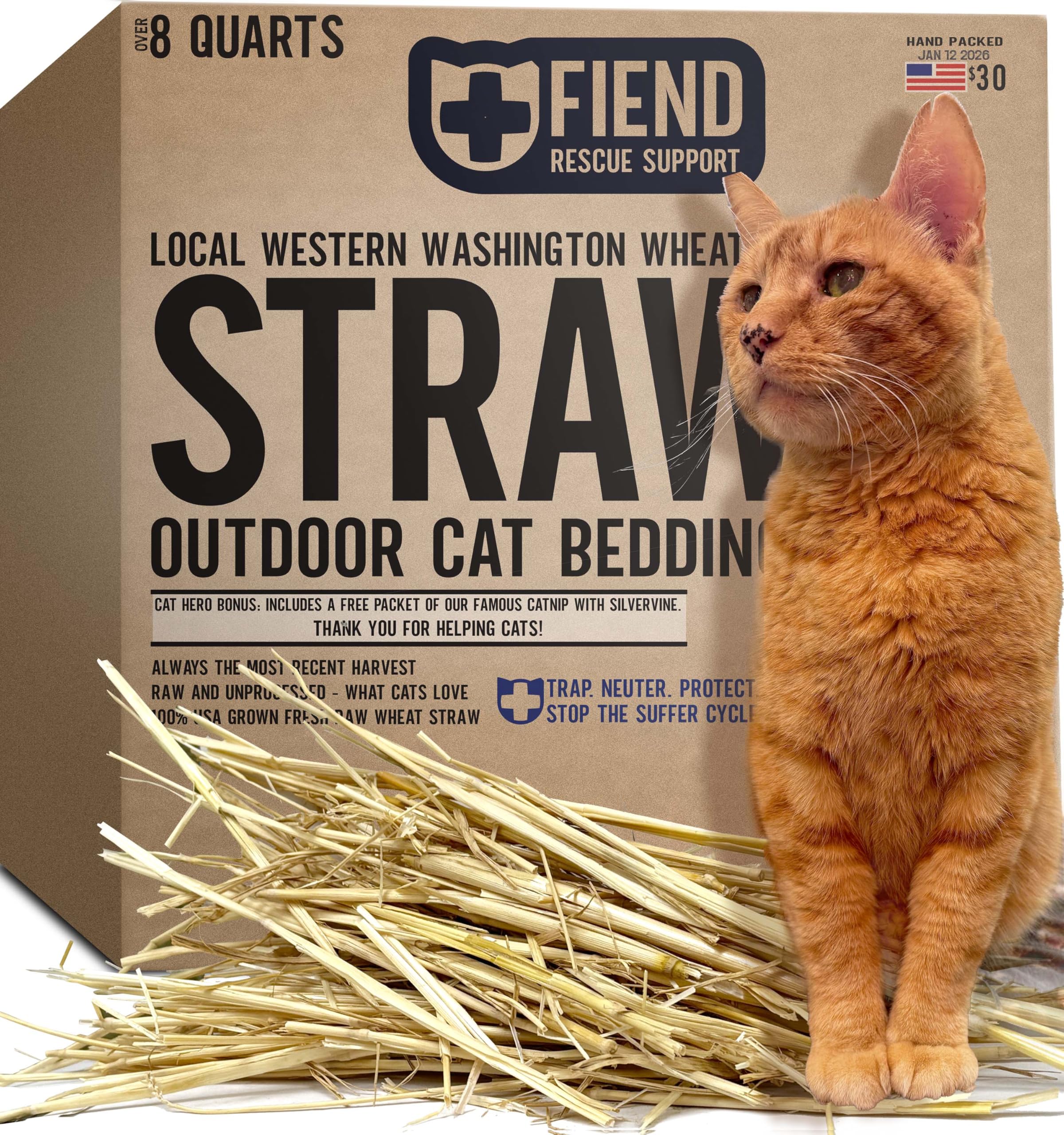 Wheat Straw for Cat Shelter Bedding 8.9 Quarts (1.5 lbs) Fresh Raw USA Wheatstraw from Local Washington State Farm And Bonus 8g 