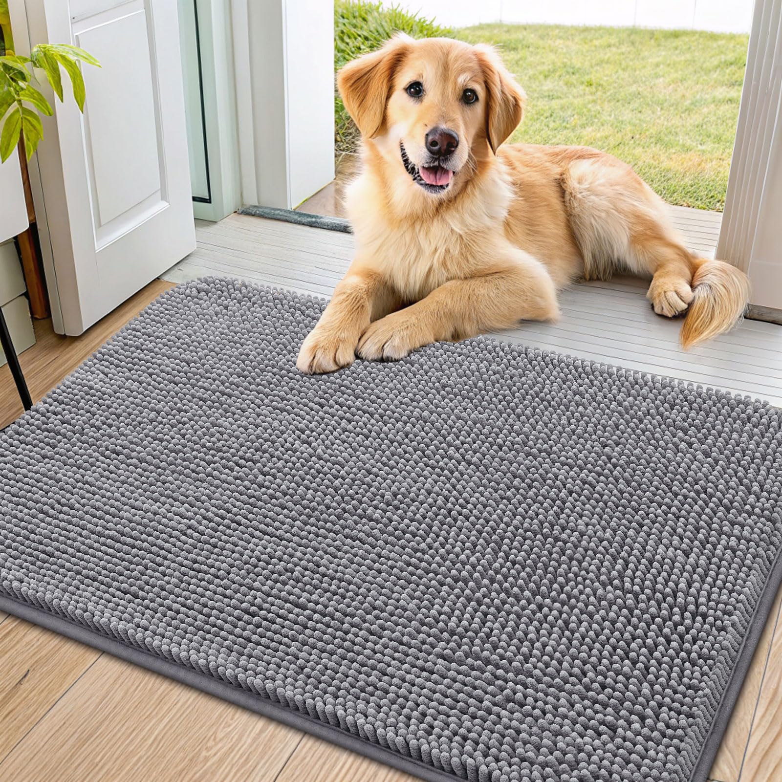 Smiry Dog Door Mat for Muddy Paws 36x24, Absorbs Moisture and Dirt Doormat, Non-Slip Washable Quick Dry Chenille Front Door Mat 