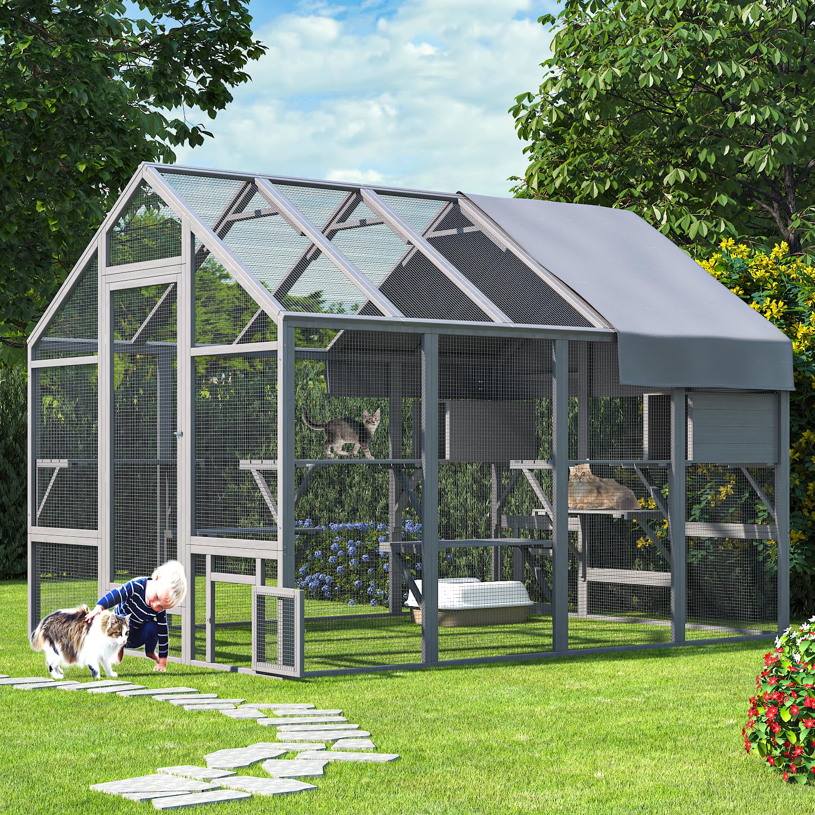 Timhaka Catio Outdoor Cat Enclosure, Large Cat Catio For Multiple Cats With 7 Platforms, 2 Resting Box And 2 Bridges, Wooden Cat