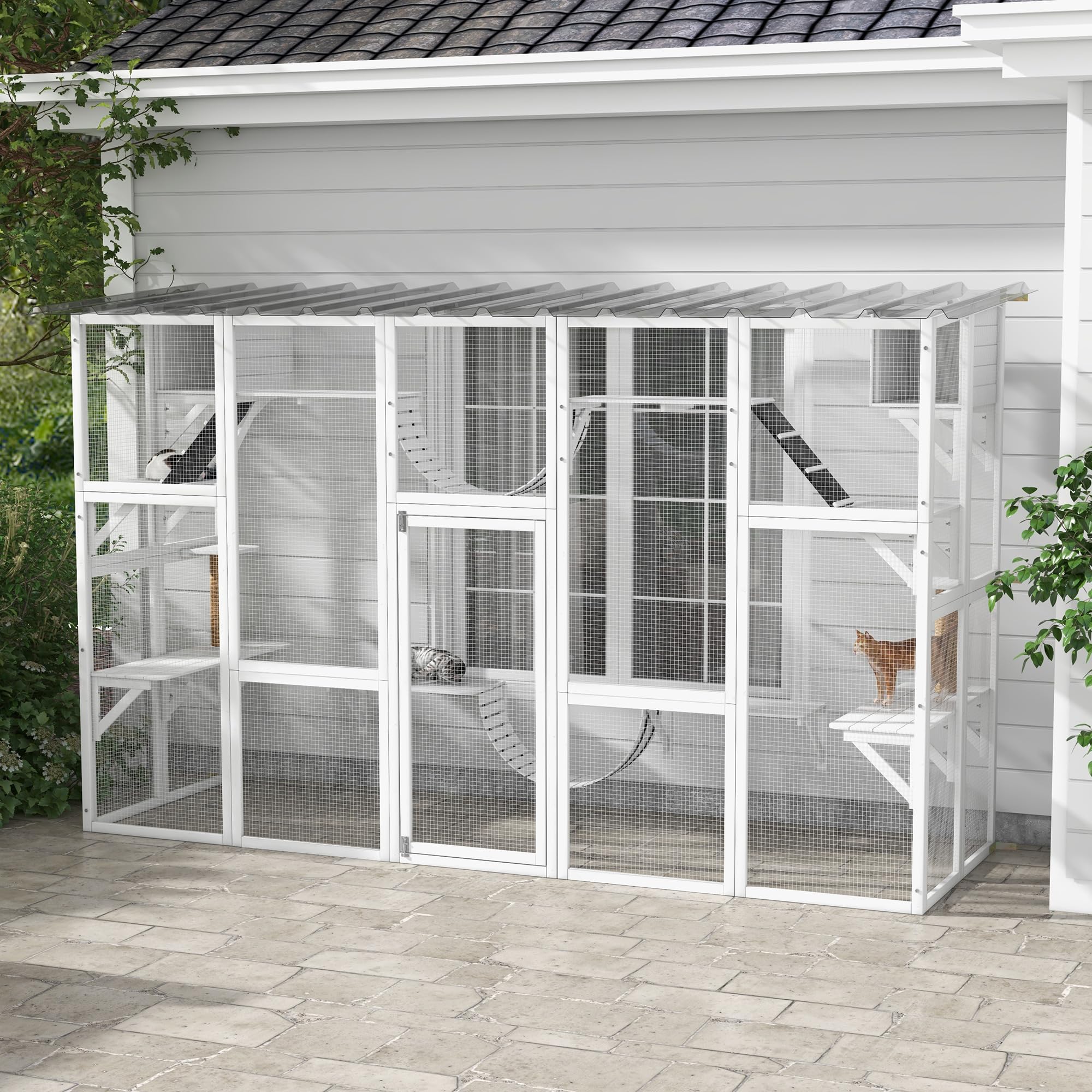 Pawhut Catio Playground Cat Window Box Outside Enclosure, Outdoor Cat House With Weather Protection Roof For Multiple Kitties, Wooden Frame, Shelves & Bridges, 118' X 37.5' X 74', White