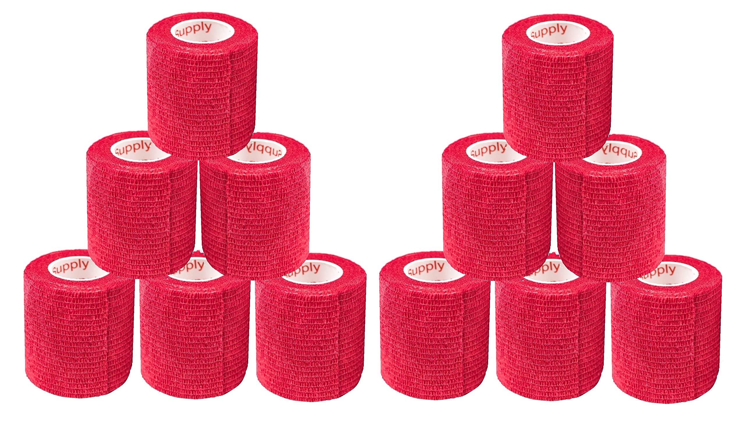 2 Inch Vet Wrap Tape Bulk (Red) (Pack of 12) Self Adhesive Adherent Adhering Flex Bandage Grip Roll for Dog Cat Pet Horse