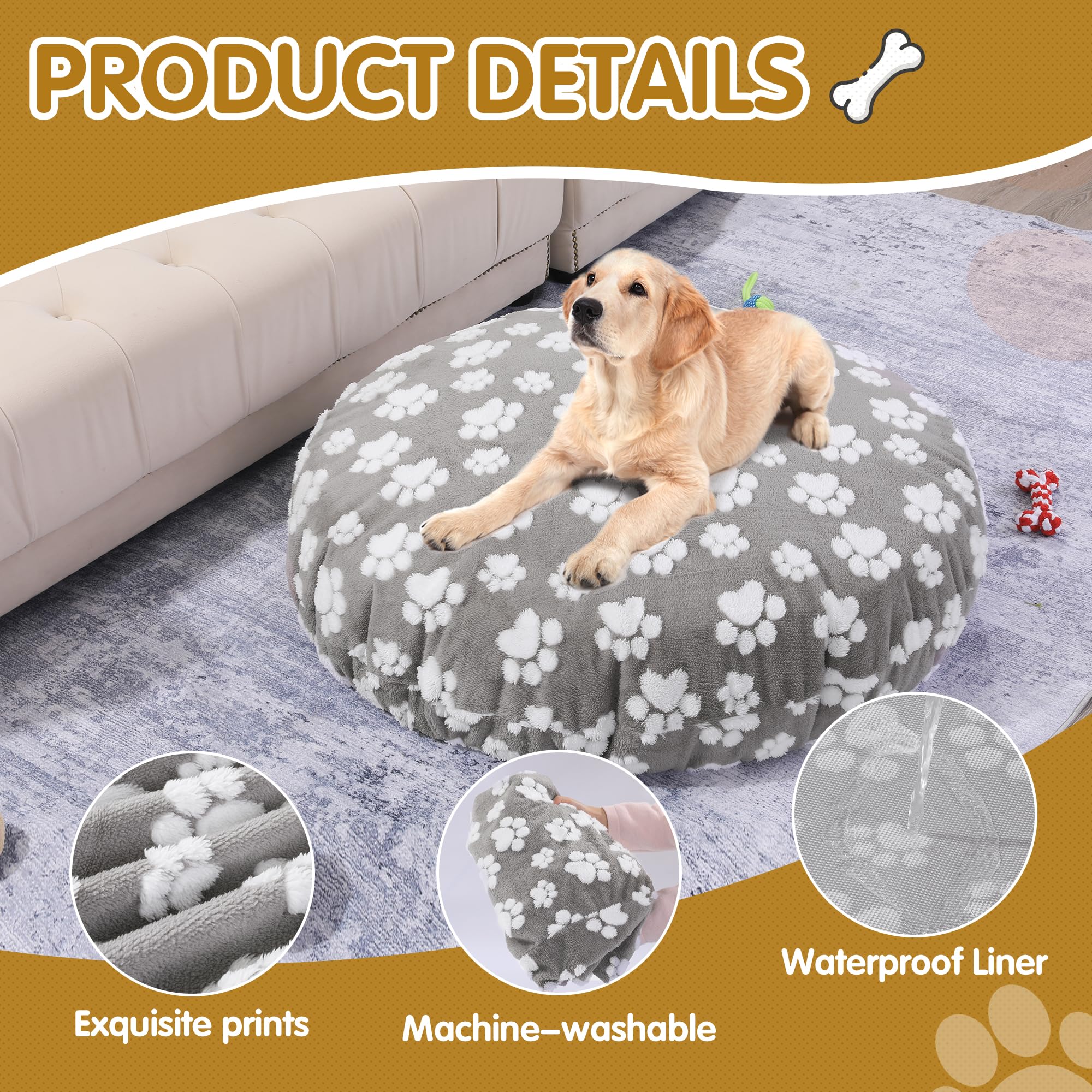 Balapet Washable Dog Bed Covers Replacement Round Waterproof Bed Cover For Dog Soft Pet Bed Cover With Lovely Dog Paw Print And