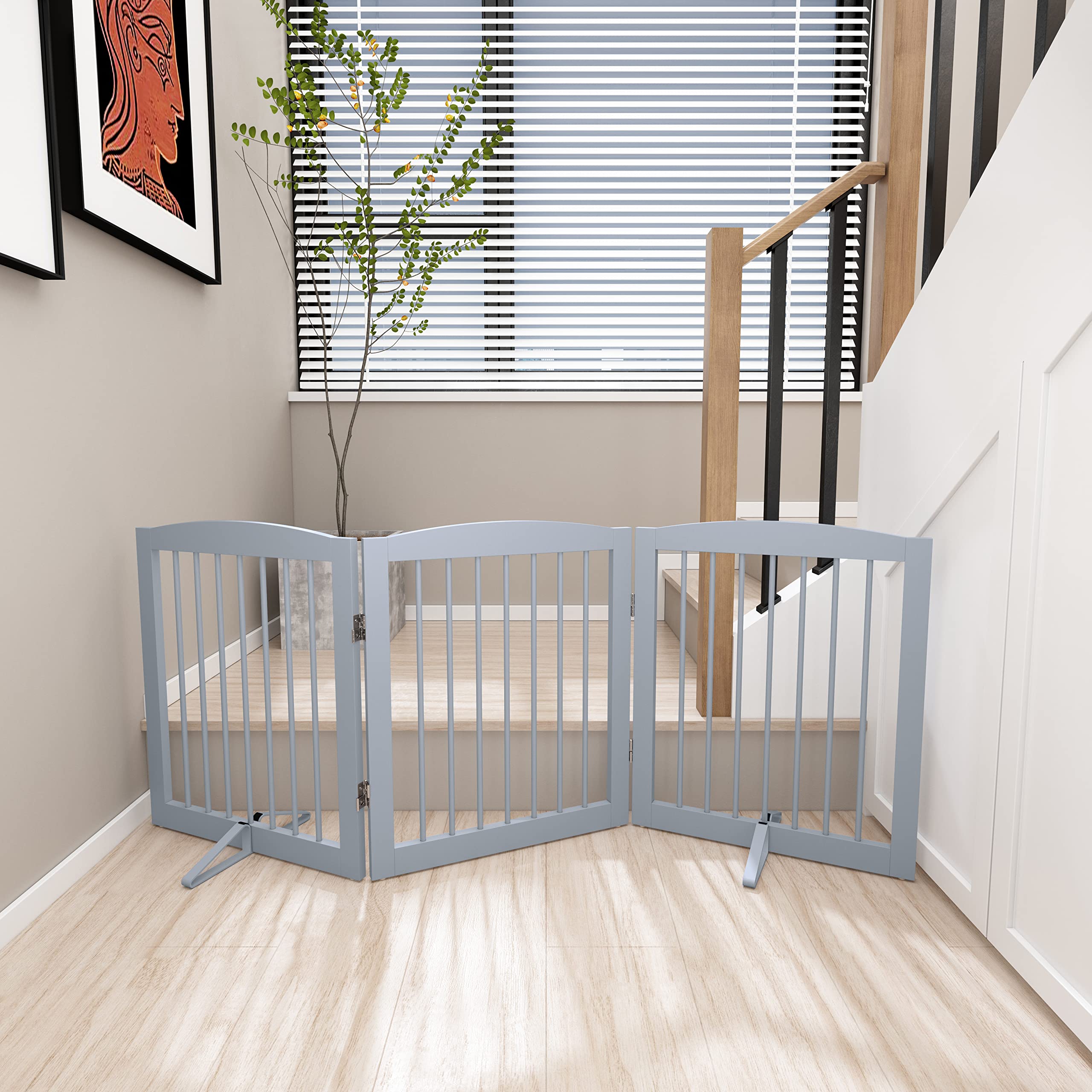 Pupetpo Freestanding Pet Gate For Dogs, Foldable Wooden Dog Gate For House, Indoor Dog Gate For Doorways, Stairs, Step Over Pet Puppy Safety Fence, Support Feet Included, 24' Height 3 Panels, Grey