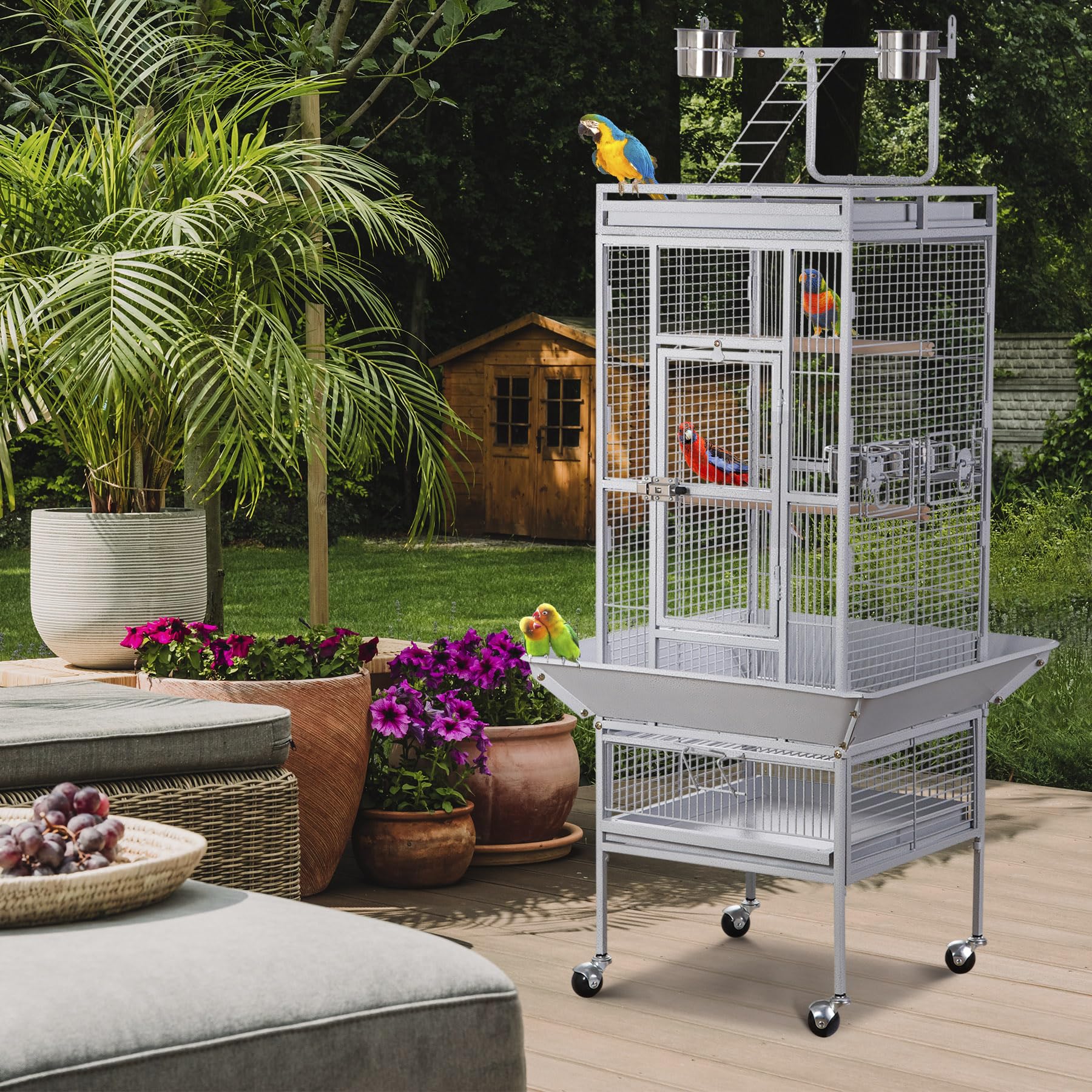 Zeny 61-Inch Large Parrot Cockatiel Bird Cages With Wrought Iron Play Top, Aviary With Rolling Stand For Sun Parakeet Quaker Conure Lovebird Budgie Finch African Grey White Birdcage (White)