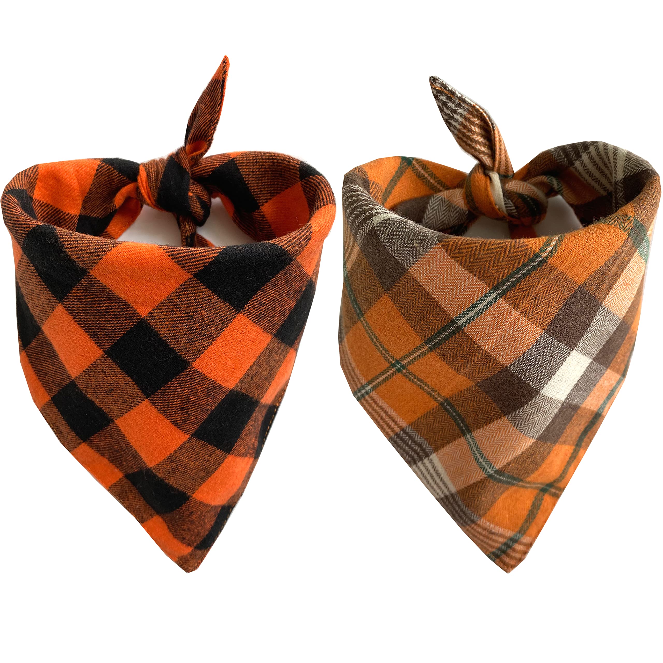 Realeaf Thanksgiving Fall Dog Bandanas 2 Pack, Orange Plaid Pet Scarf For Boy And Girl, Premium Durable Fabric, Holiday Halloween Bandana For Medium And Large Dogs (Large)