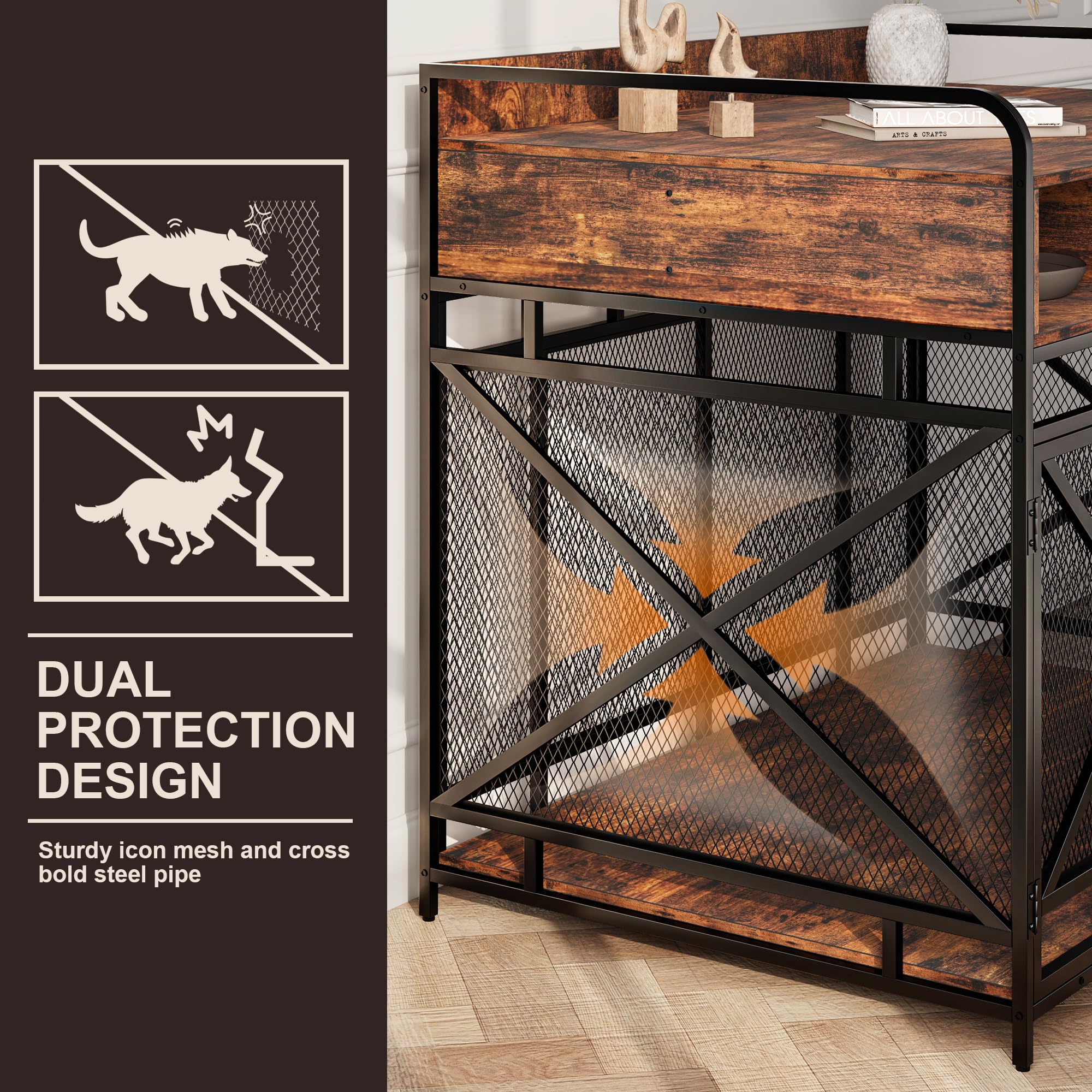 Fulhope Dog Crate Furniture,Wooden Dog Crate End Table,43 Inch Dog Kennel with Drawers,Heavy Duty Dog Cage,Decorative Pet Crate