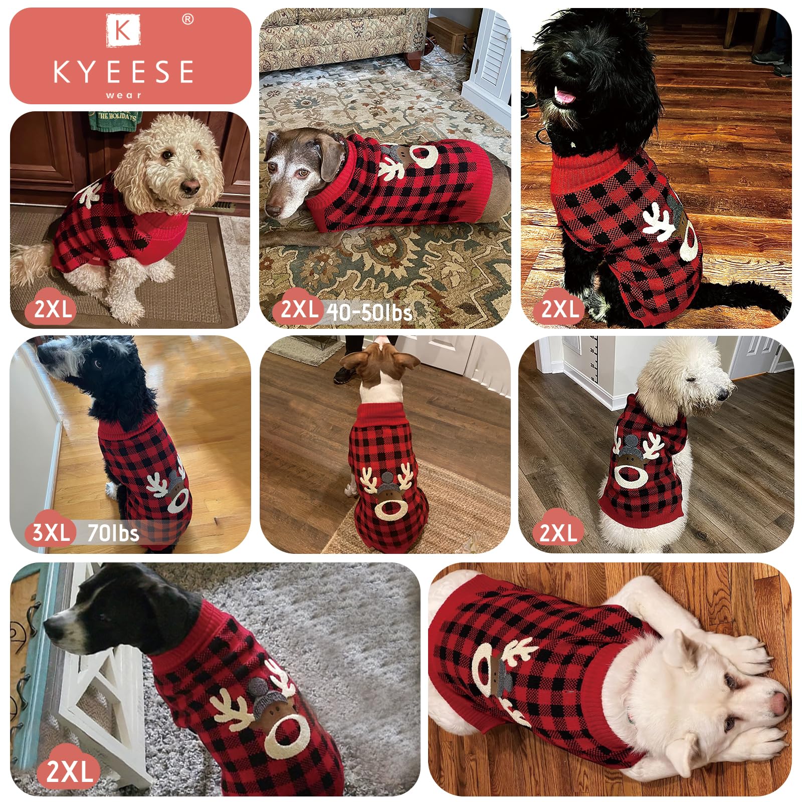 Kyeese Dog Christmas Sweater Reindeer Large Dog Christmas Sweater With Leash Hole Christmas Dog Sweater Dog Christmas Outfit Dog Christmas Outfitred Buffalo Check Pet Sweater, Xxxl