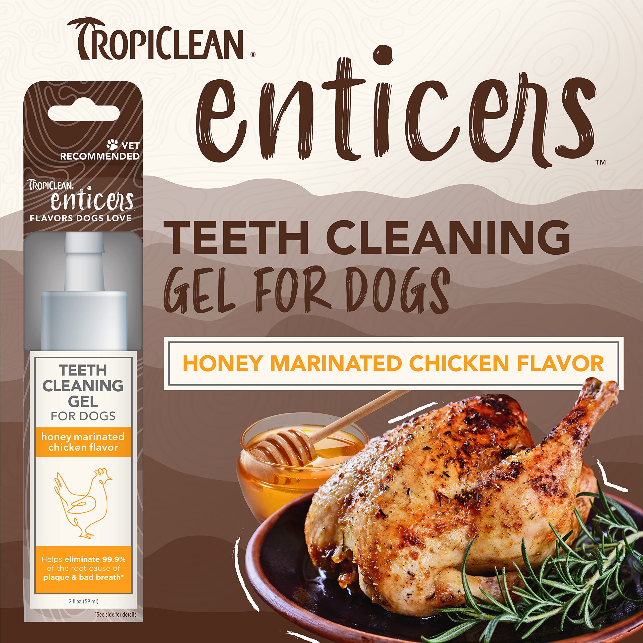 TropiClean Enticers Dog Teeth Cleaning Treat Gel | Honey Chicken Flavored Dog Toothpaste Alternative| 2 oz