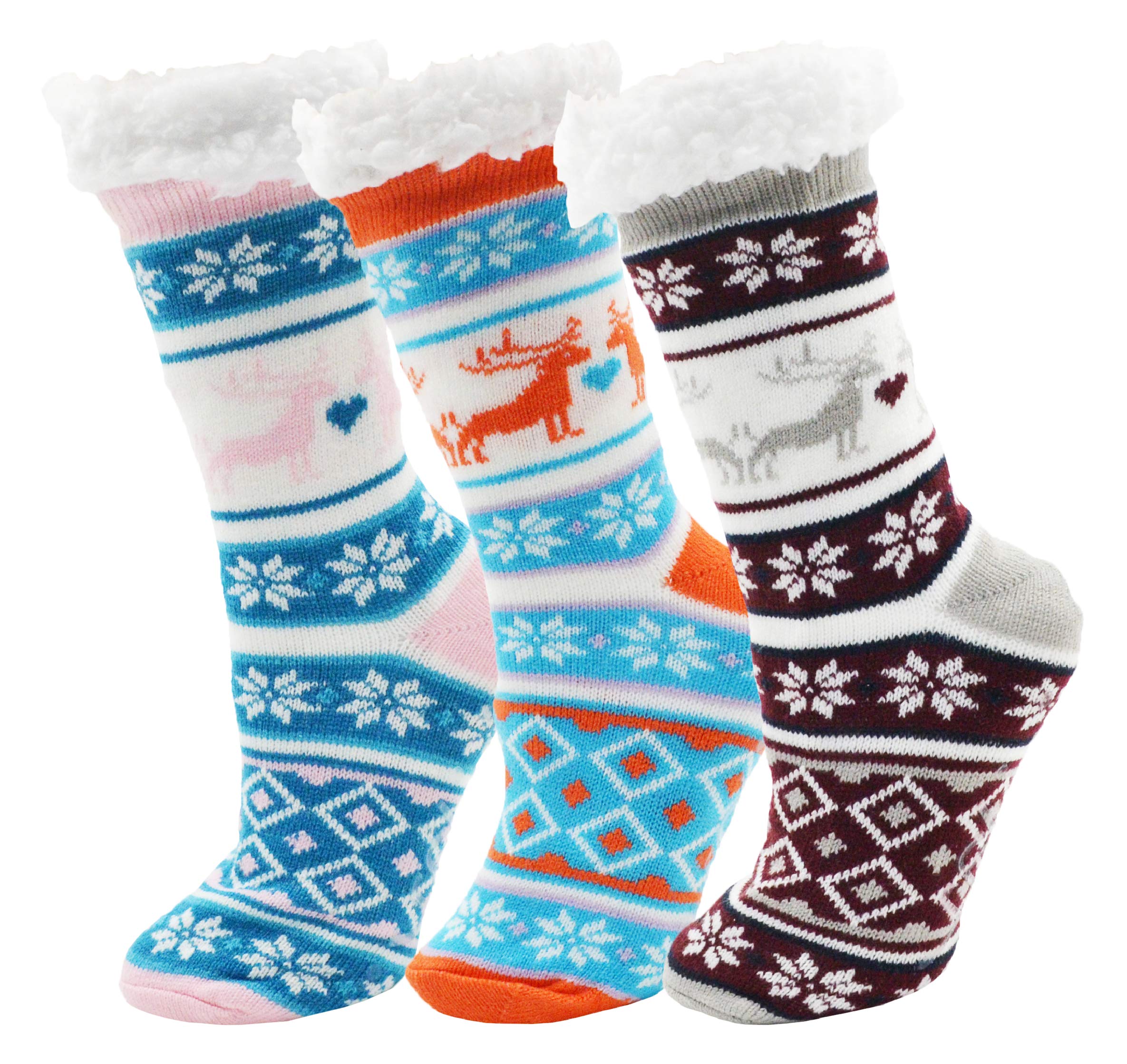Fluffy Thermal Sherpa Socks, 3 Pairs for Women, Ultra Soft Slipper christmas Winter Non Skid (Fair Isle c)