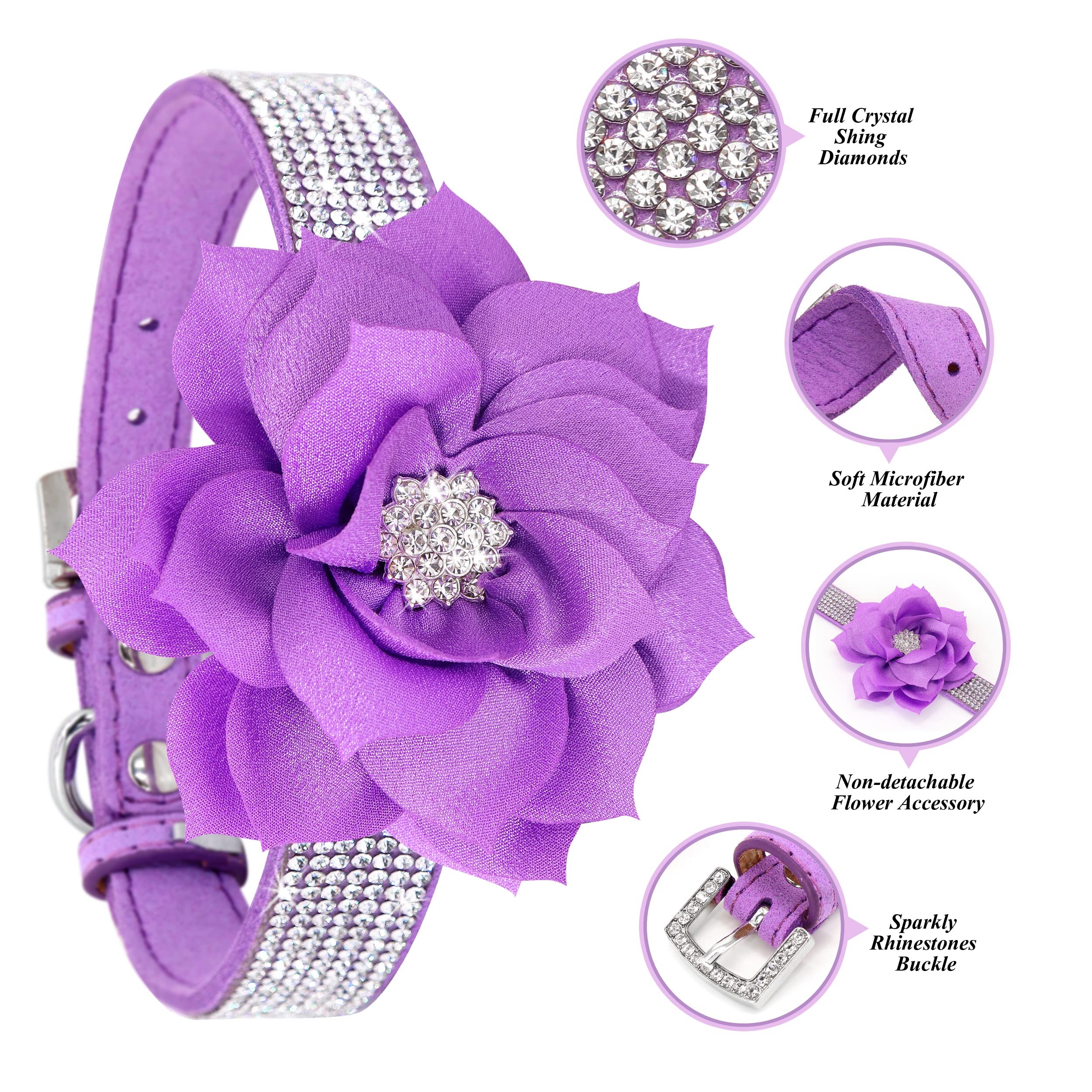 Pet Artist Bling Dog Collars For Small Puppy Dogs, Sparkling Rhinestone Dog Collar With Flower, Soft Suede Purple Dog Collar Lea
