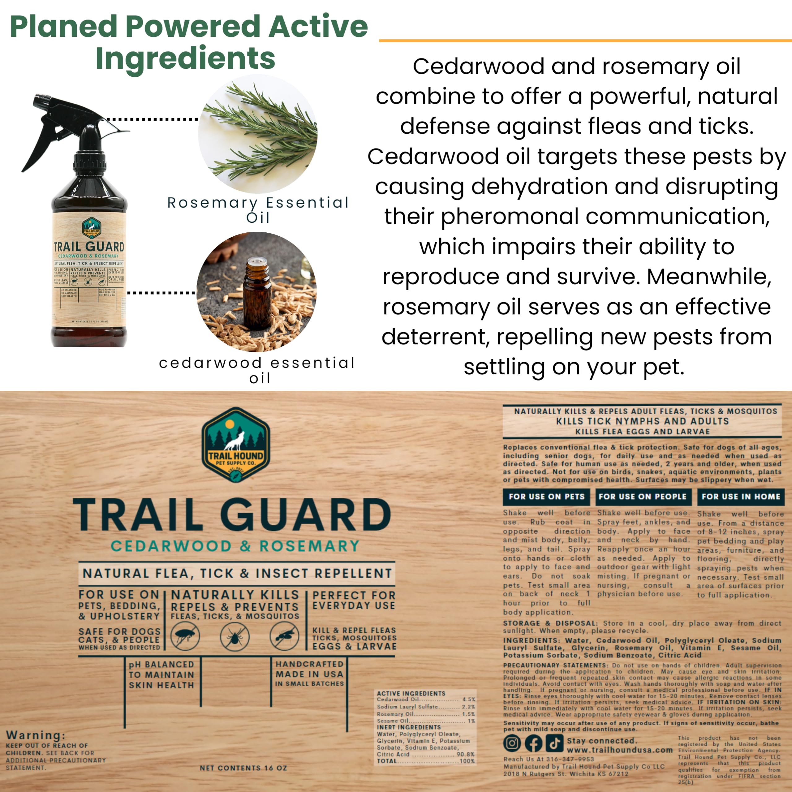 Trail Guard Natural Extra Strength Insect, Flea and Tick Spray for Dogs, Cats, People & Home - 16oz Plant-Based Insect & Tick Re