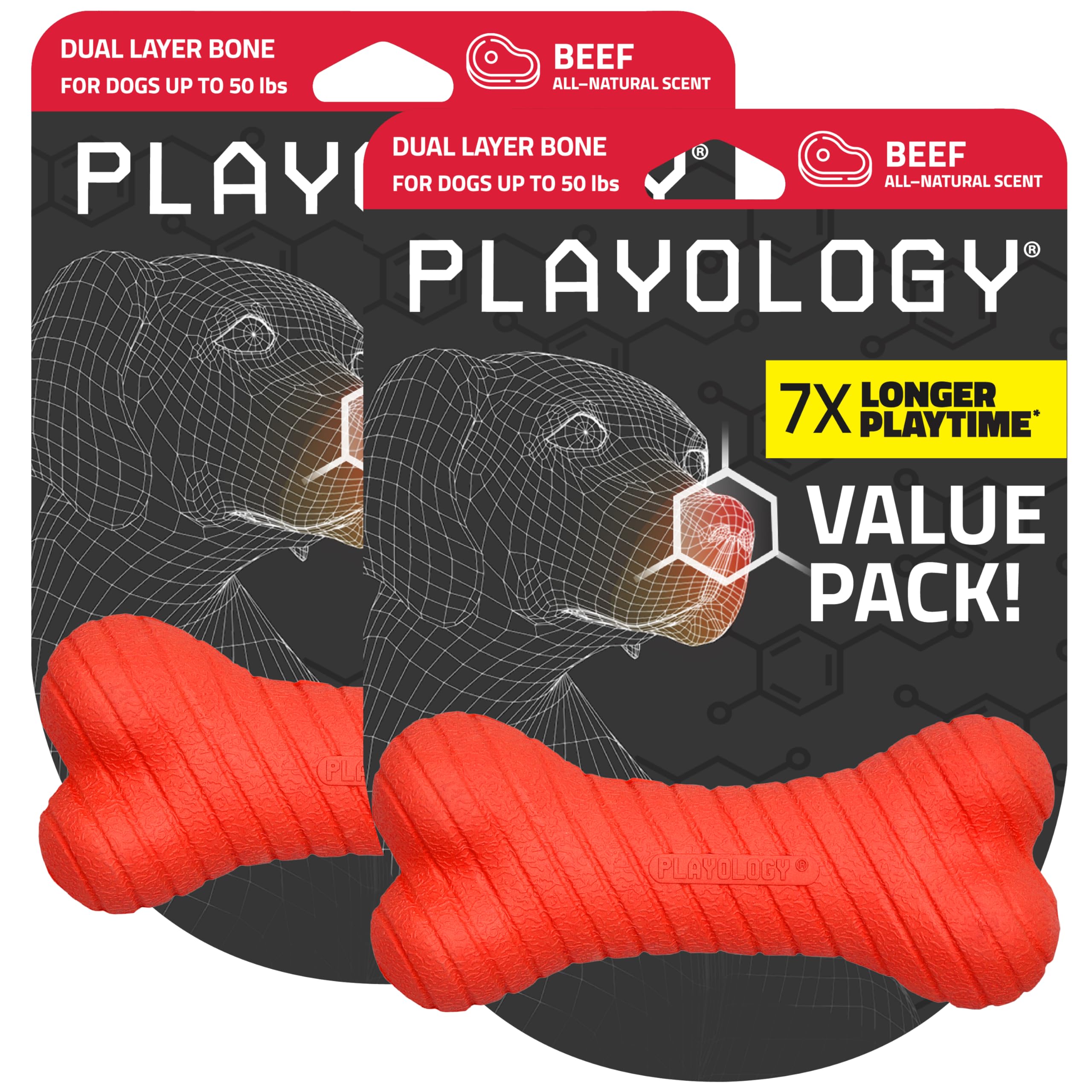 Playology Dog Toys | Dual Layer Bone Chew Toy Bone for Dogs (Value 2-Pack) | Medium Beef Scented Toy - Easy to Clean and Made fr